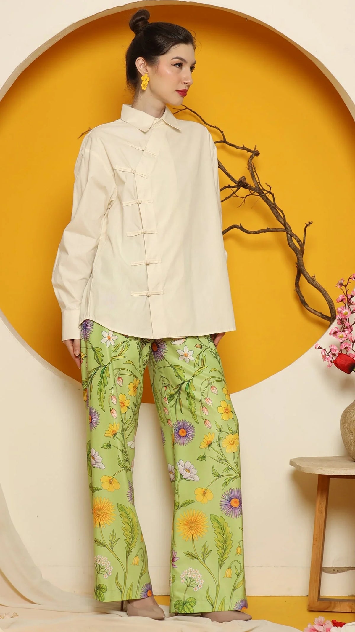 KANZI COLLECTION | Cheongsam Shirt With Green Flower Pants Set