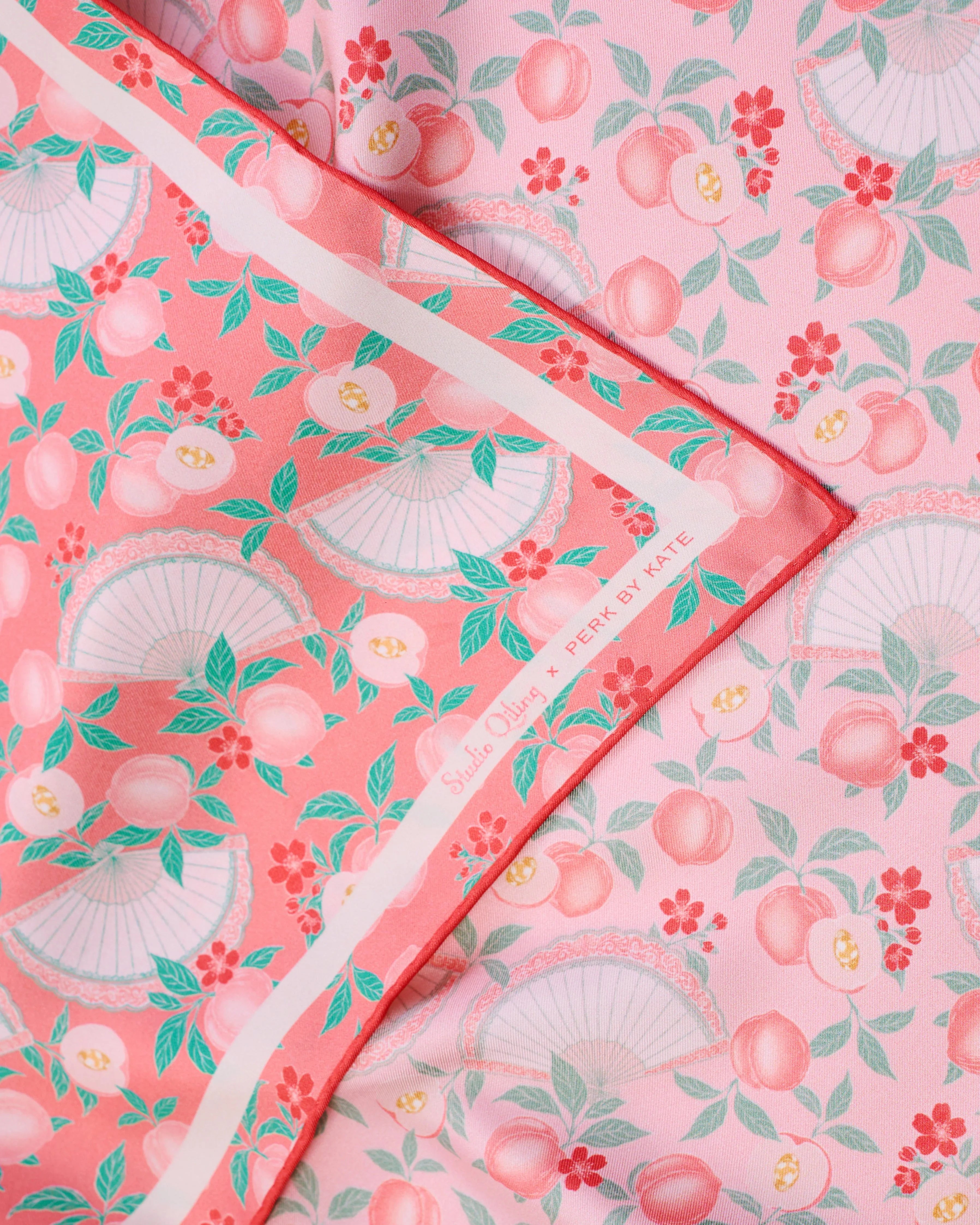 STUDIO QILING | Golden Peaches Pink Coral Double Side Silk Scarf 100