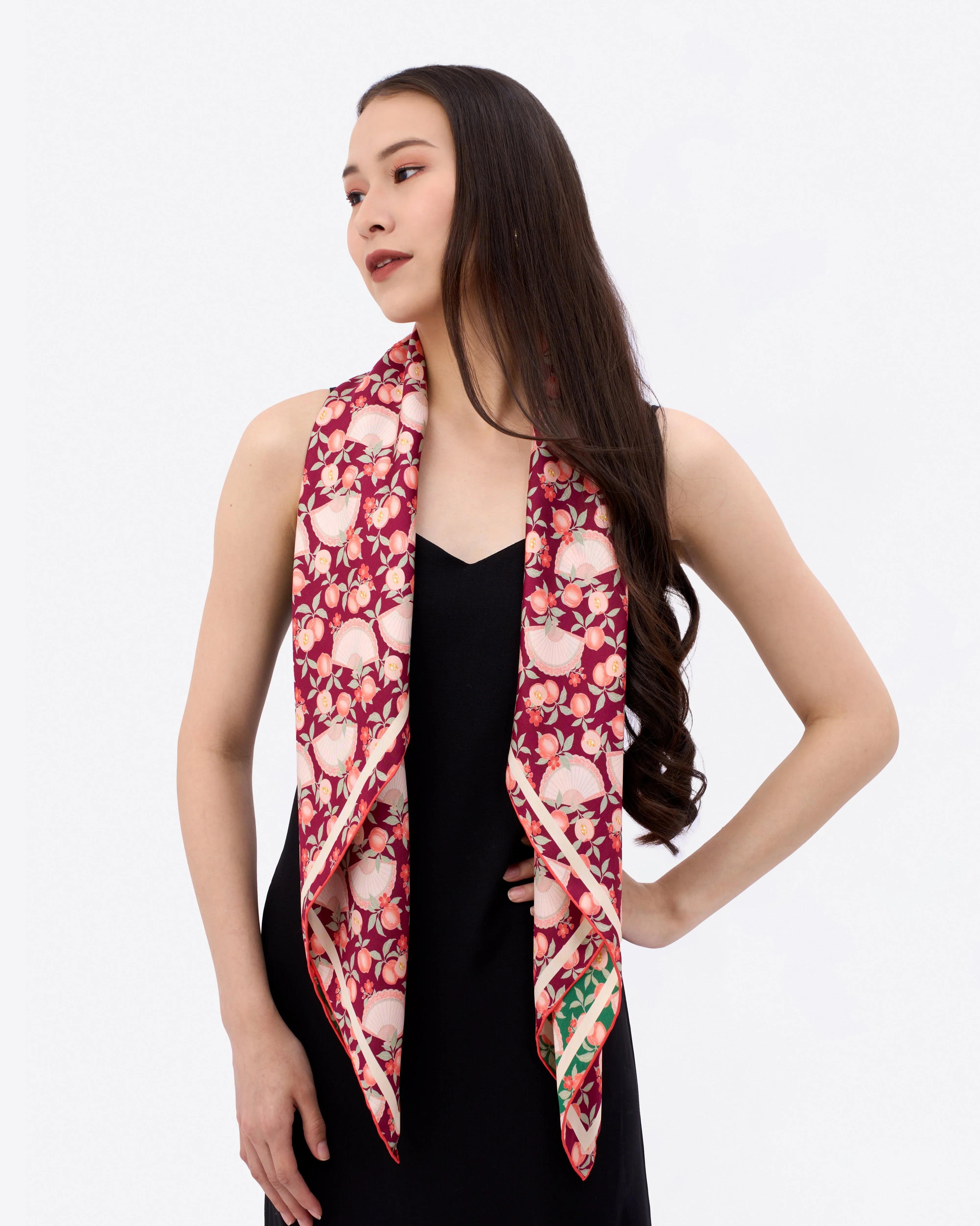 STUDIO QILING | Golden Peaches Emerald Wine Double Side Silk Scarf 100