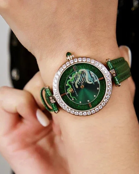 BLACK BY BLUE BRAVE | Snake Watch 34mm (Green Dial with Moving Snake Hands and Leather Strap)