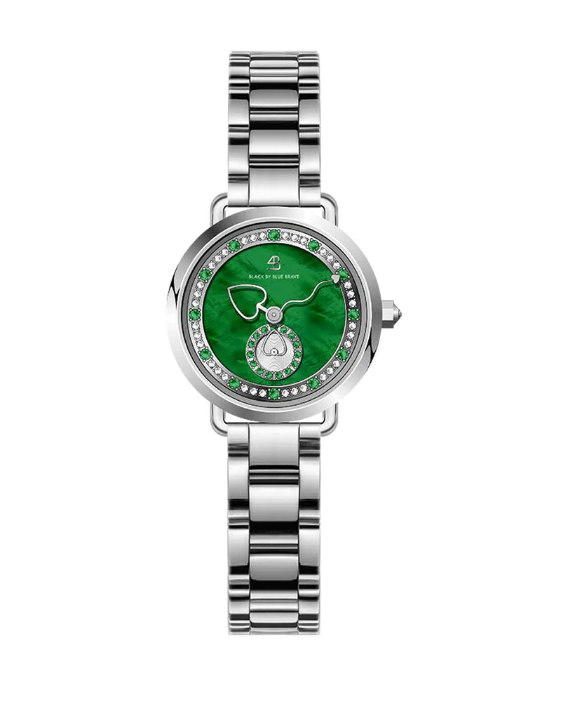 BLACK BY BLUE BRAVE | Cupid 28mm Green Mother Of Pearl Dial Heart Shaped Hands Silver Bracelet Watch