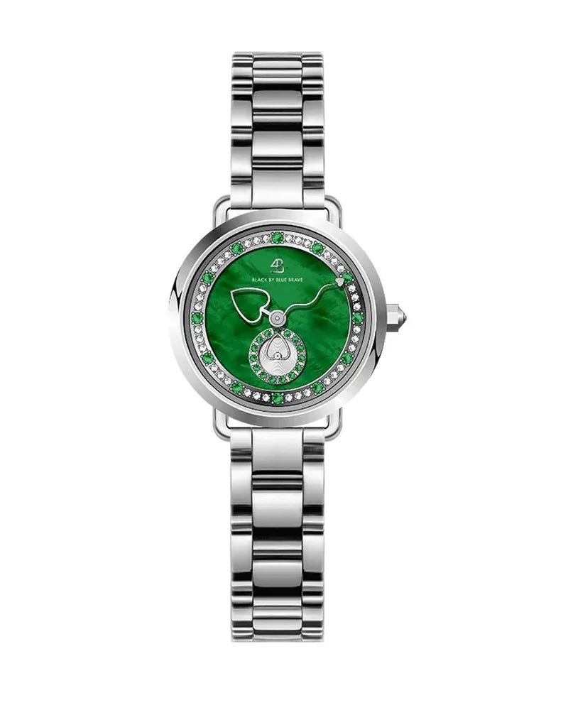 BLACK BY BLUE BRAVE | Cupid 28mm Green Mother Of Pearl Dial Heart Shaped Hands Silver Bracelet Watch