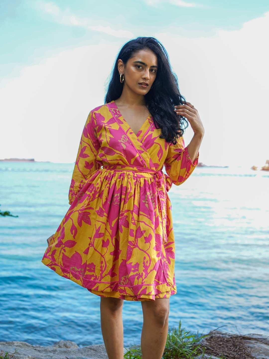 NIMBU | Havana Mustard Hot Pink Women's Short Dress