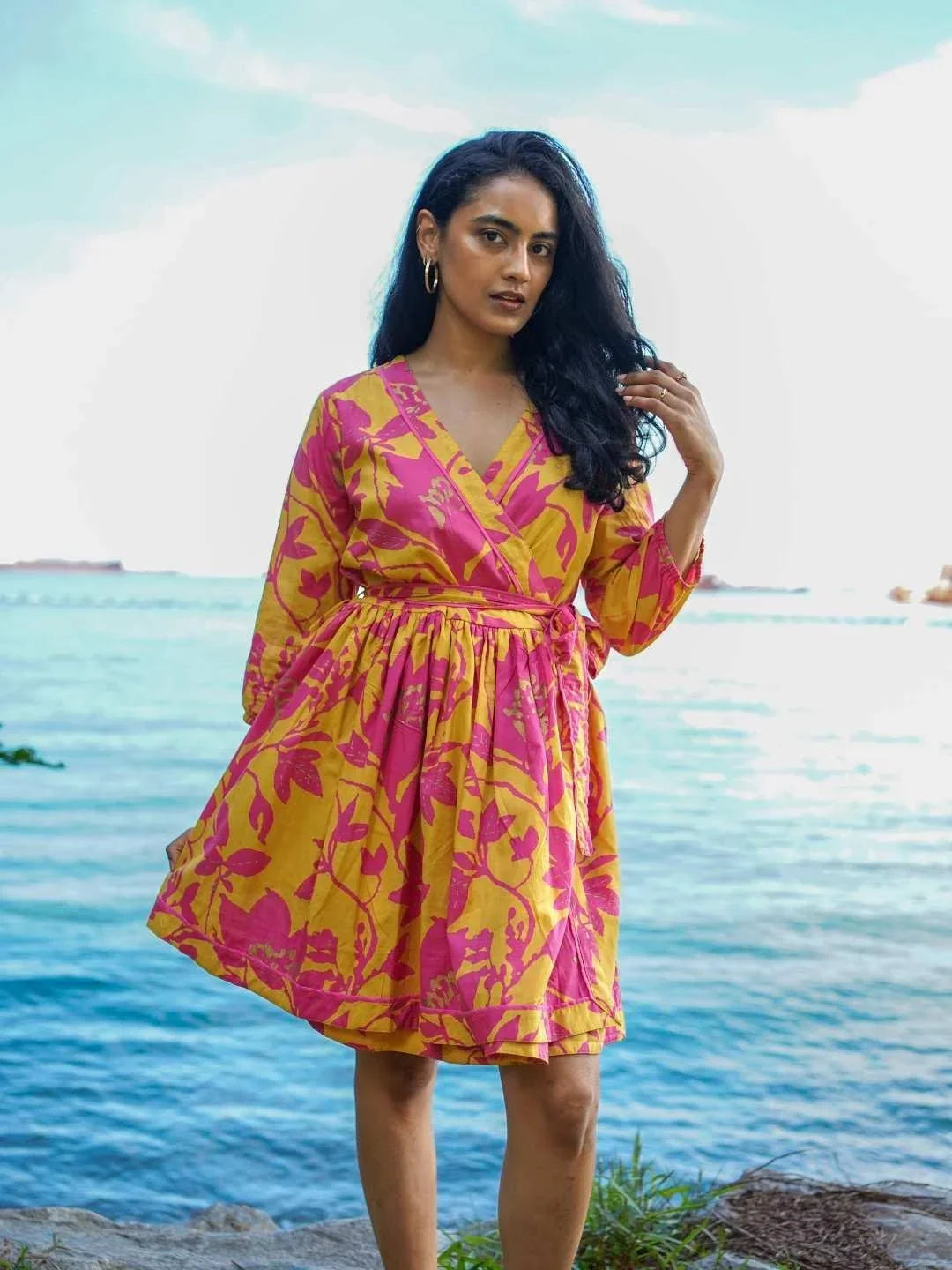 NIMBU | Havana Mustard Hot Pink Women's Short Dress
