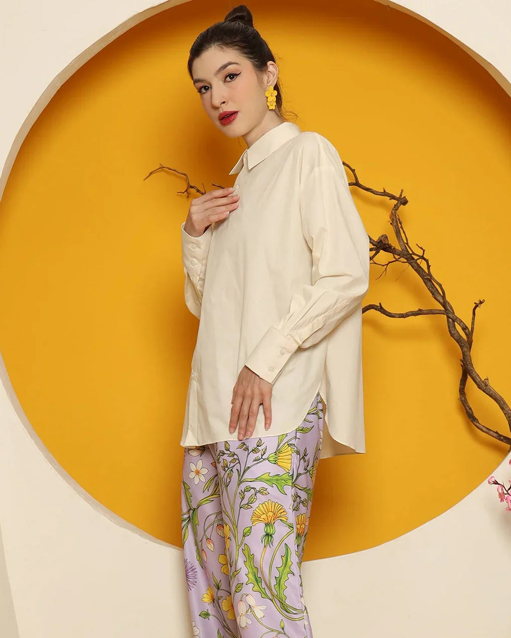 KANZI COLLECTION | Cheongsam Button Shirt With Purple Flower Pants Set