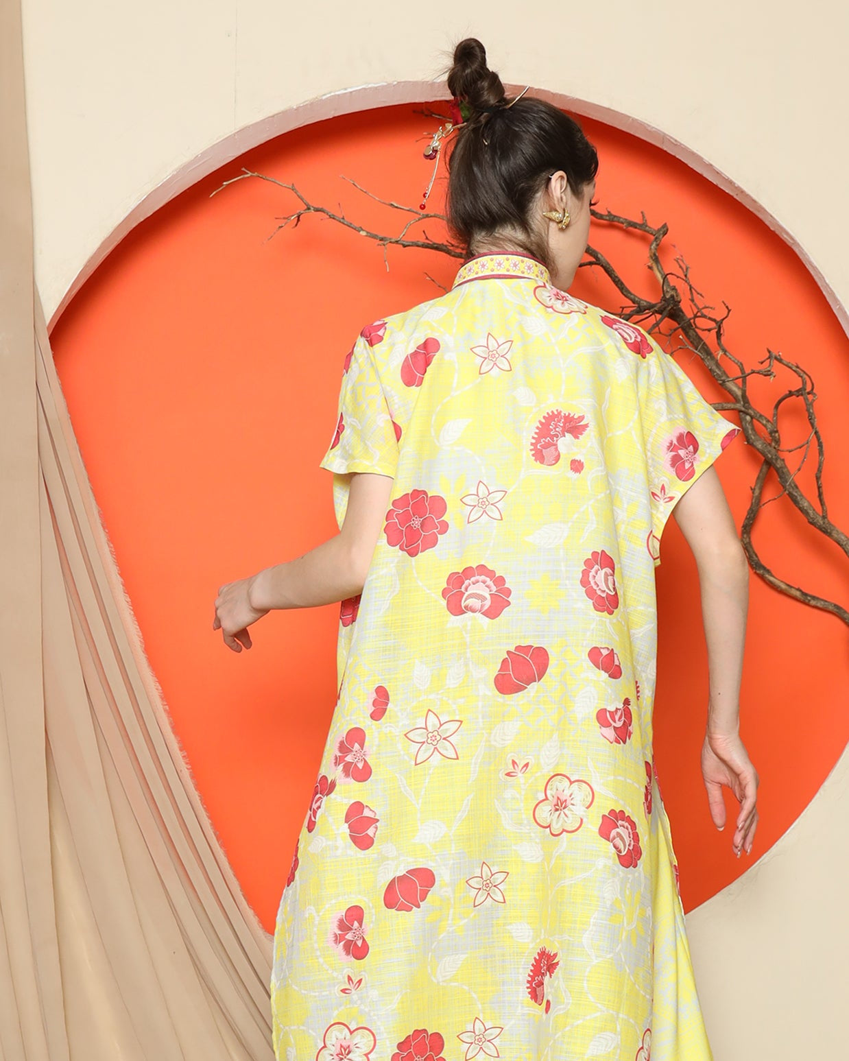 KANZI COLLECTION | Yellow Oriental Floral Cheongsam Pant Set