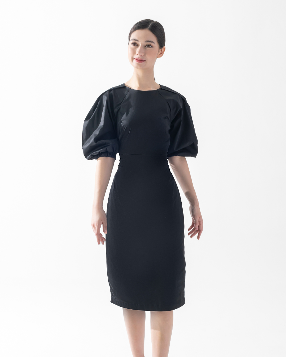CAELI ECO LUXE | Puff Sleeve Open Back Dress Black