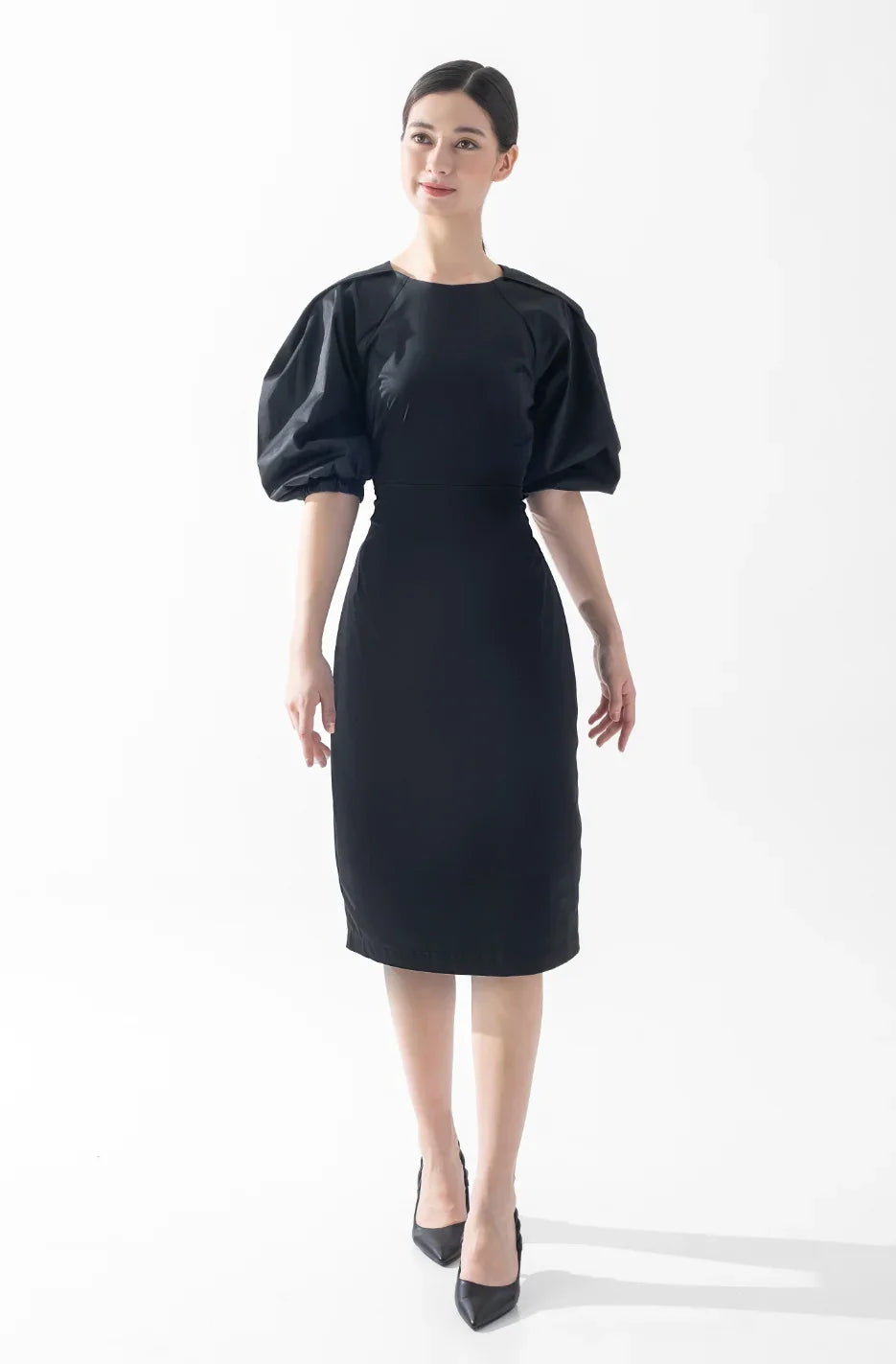 CAELI ECO LUXE | Puff Sleeve Open Back Dress Black