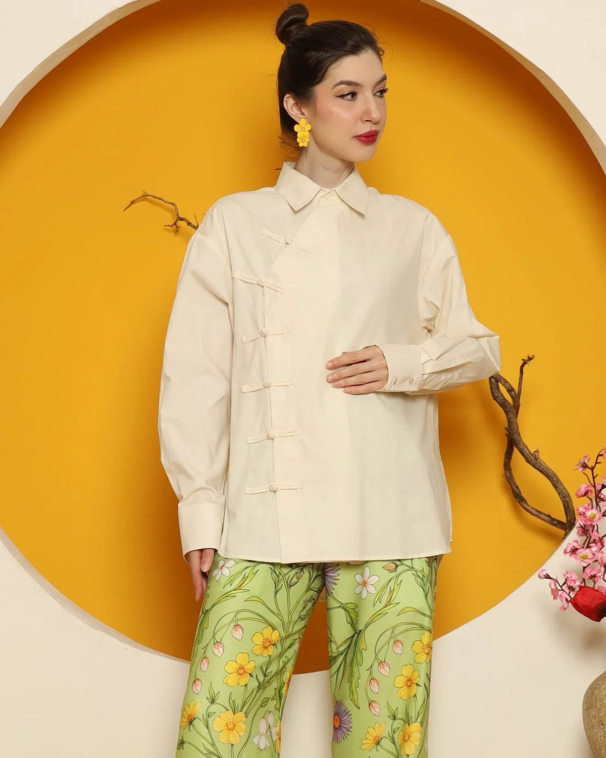 KANZI COLLECTION | Cheongsam Shirt With Green Flower Pants Set