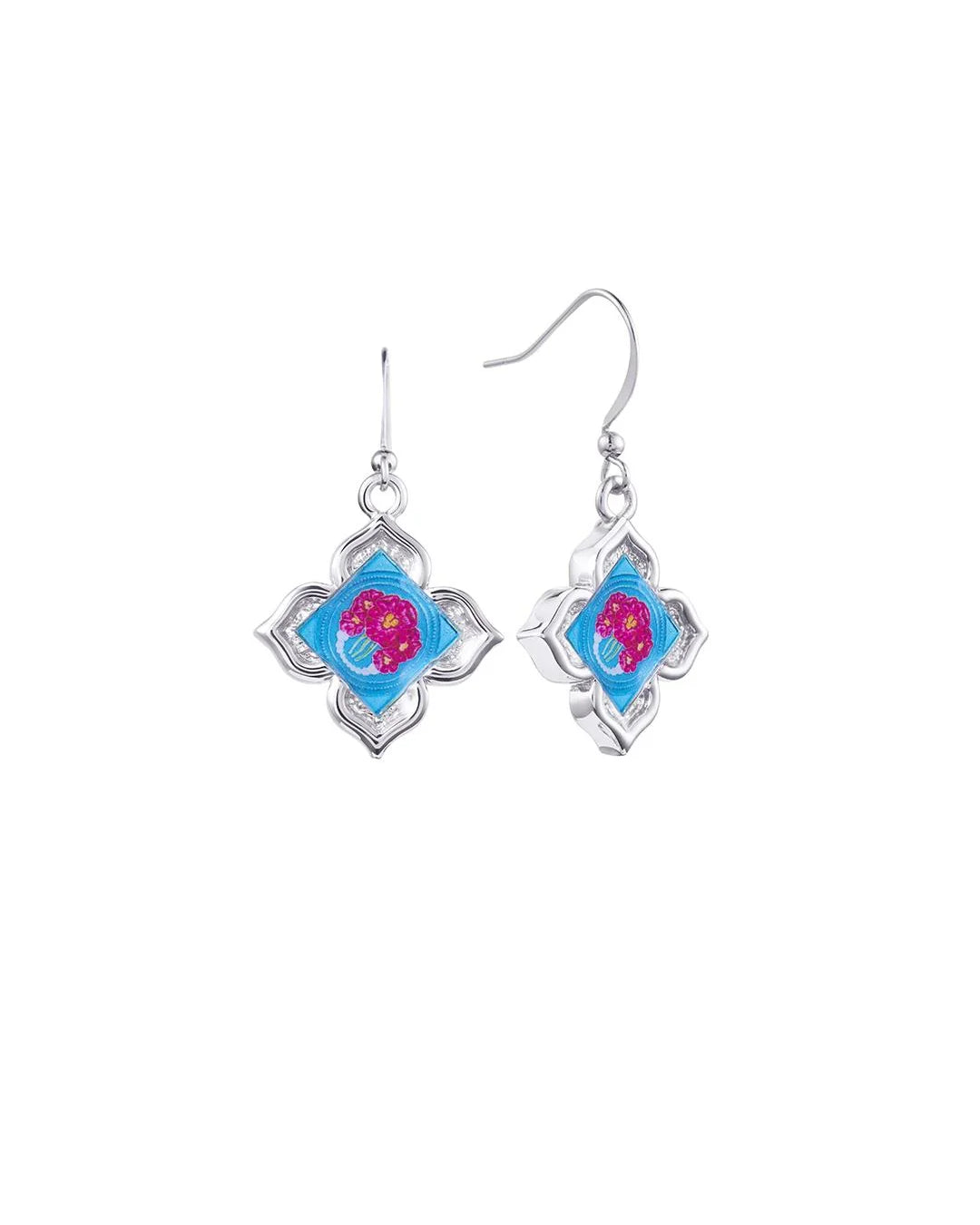 RARE BIRD COLLECTION | Peranakan Floral Hook Earrings - Silver Nyra Bloom