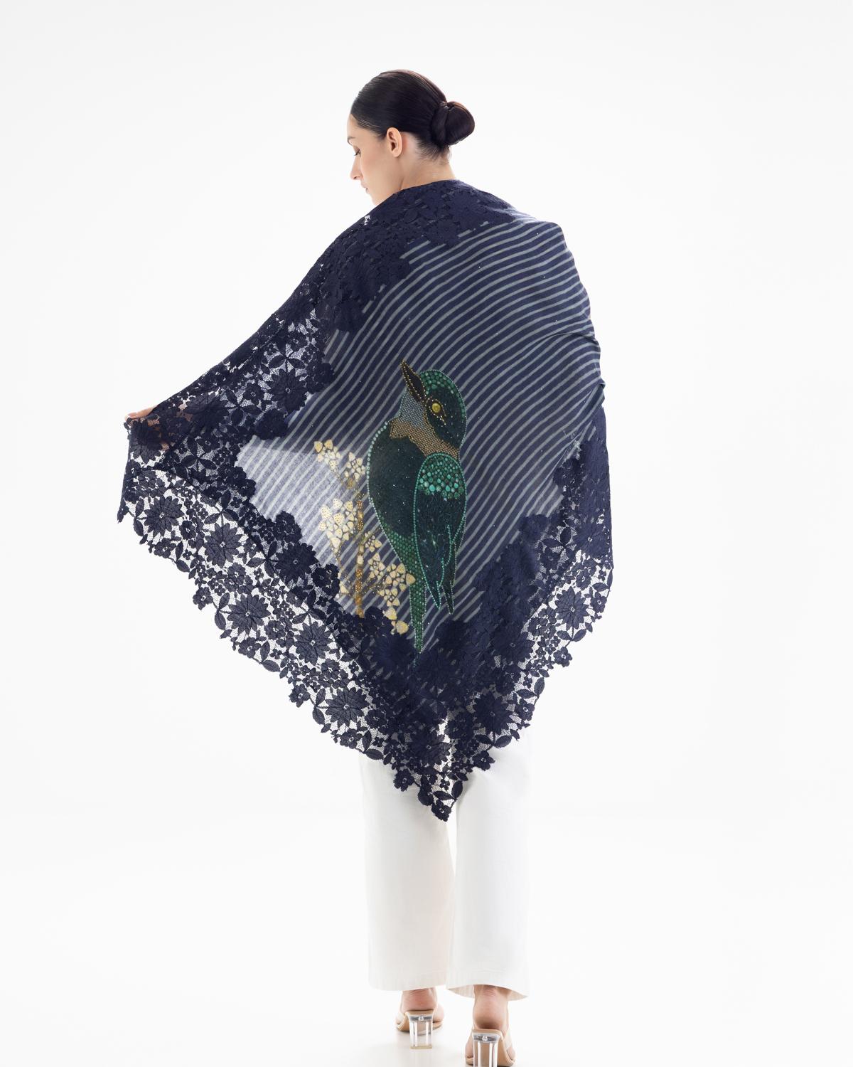 QUEENMARK | AN Assorted Lace Print Crystal Shawl Dark Blue Blue Bird 2