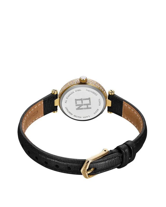 BLACK BY BLUE BRAVE | THCN T· I Mother-of-Pearl Dial Black Leather Strap Watch | Gold