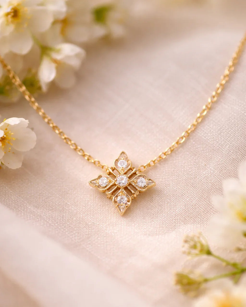 FOUNDATION JEWELLERS | 750 Y/G Peranakan Natural Diamond Pendant On Chain "Flower" 2.30gm D5-0.14ct