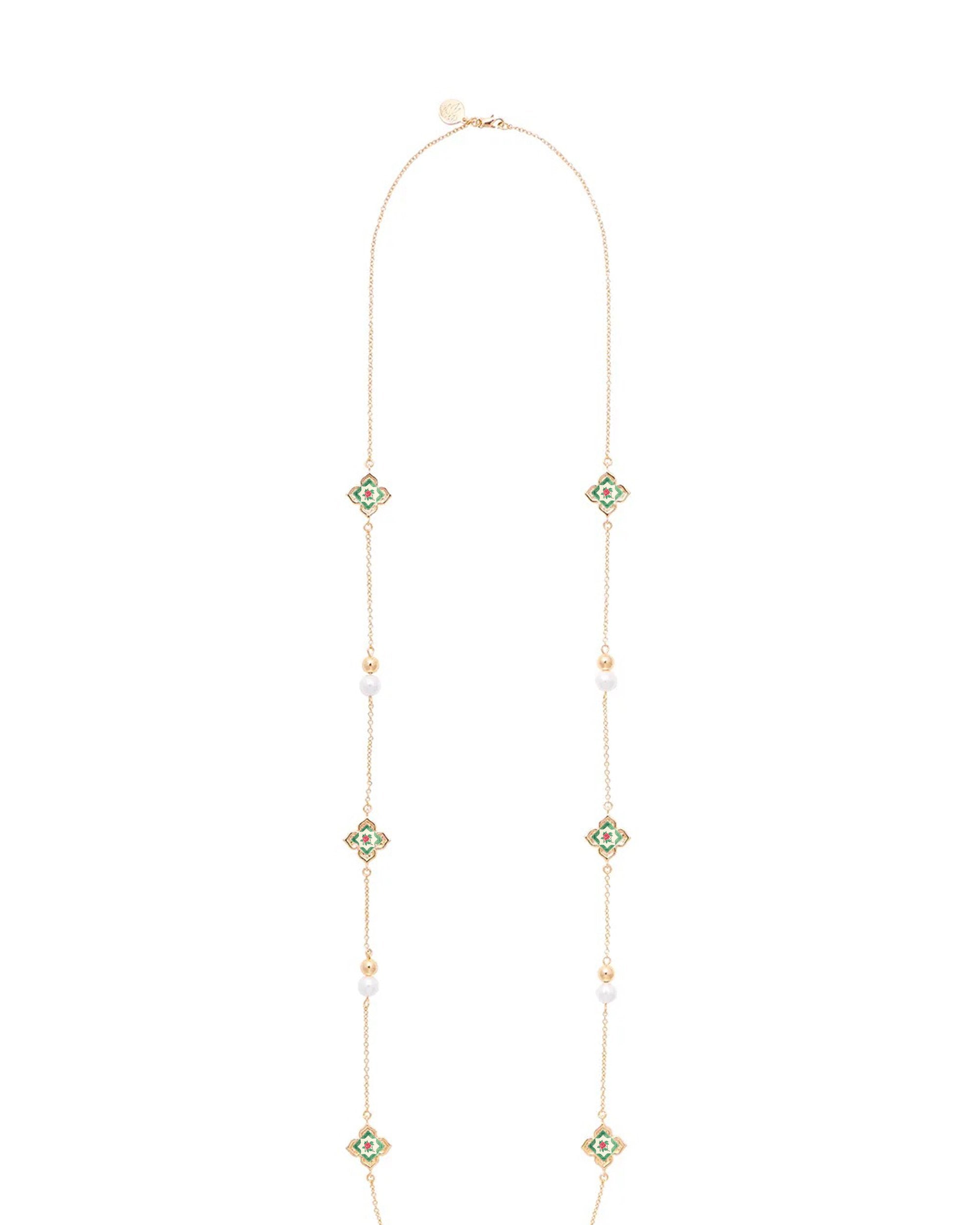 RARE BIRD COLLECTION | Peranakan Floral Pearl Long Necklace | Emerald