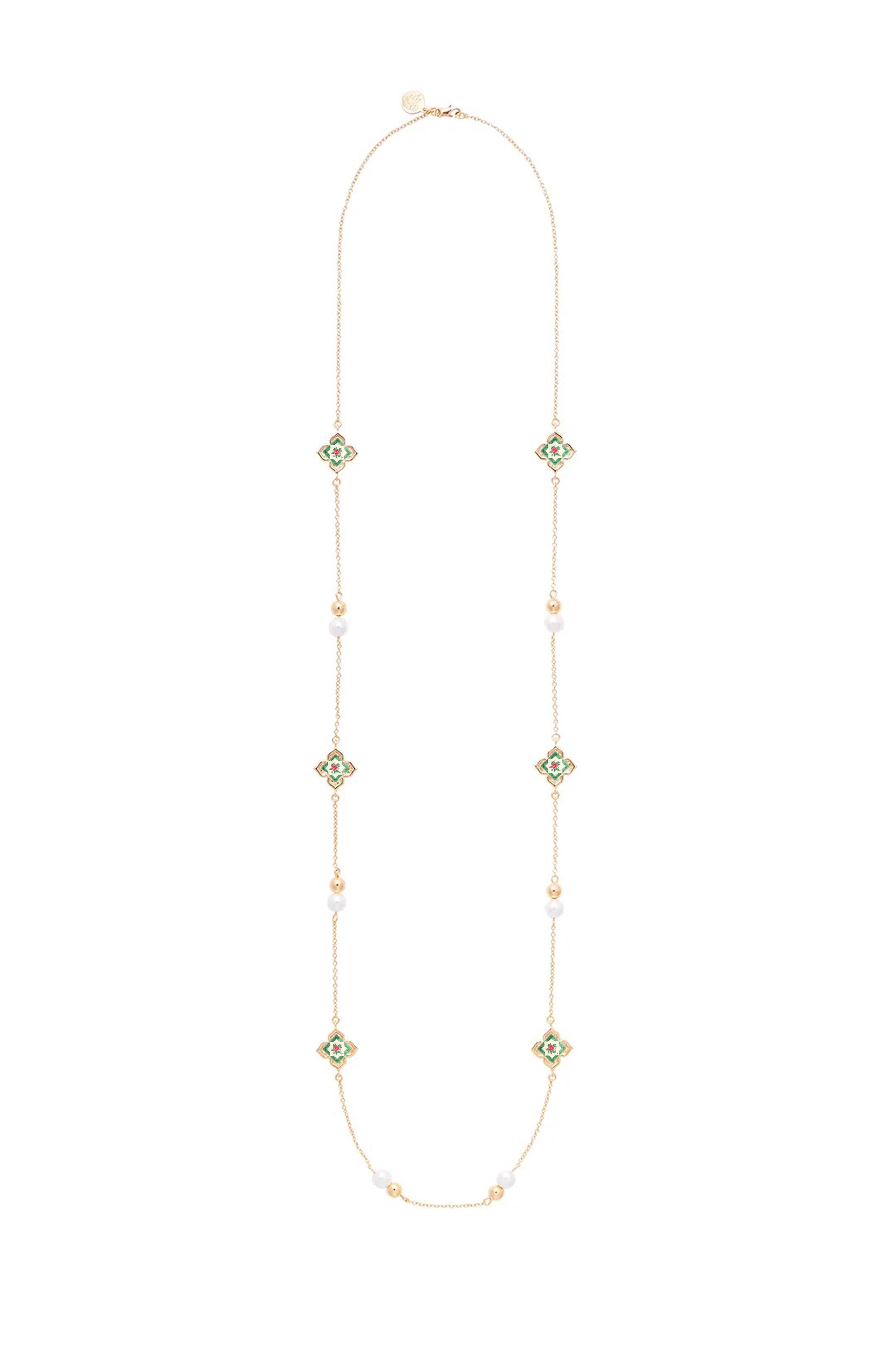 RARE BIRD COLLECTION | Peranakan Floral Pearl Long Necklace | Emerald