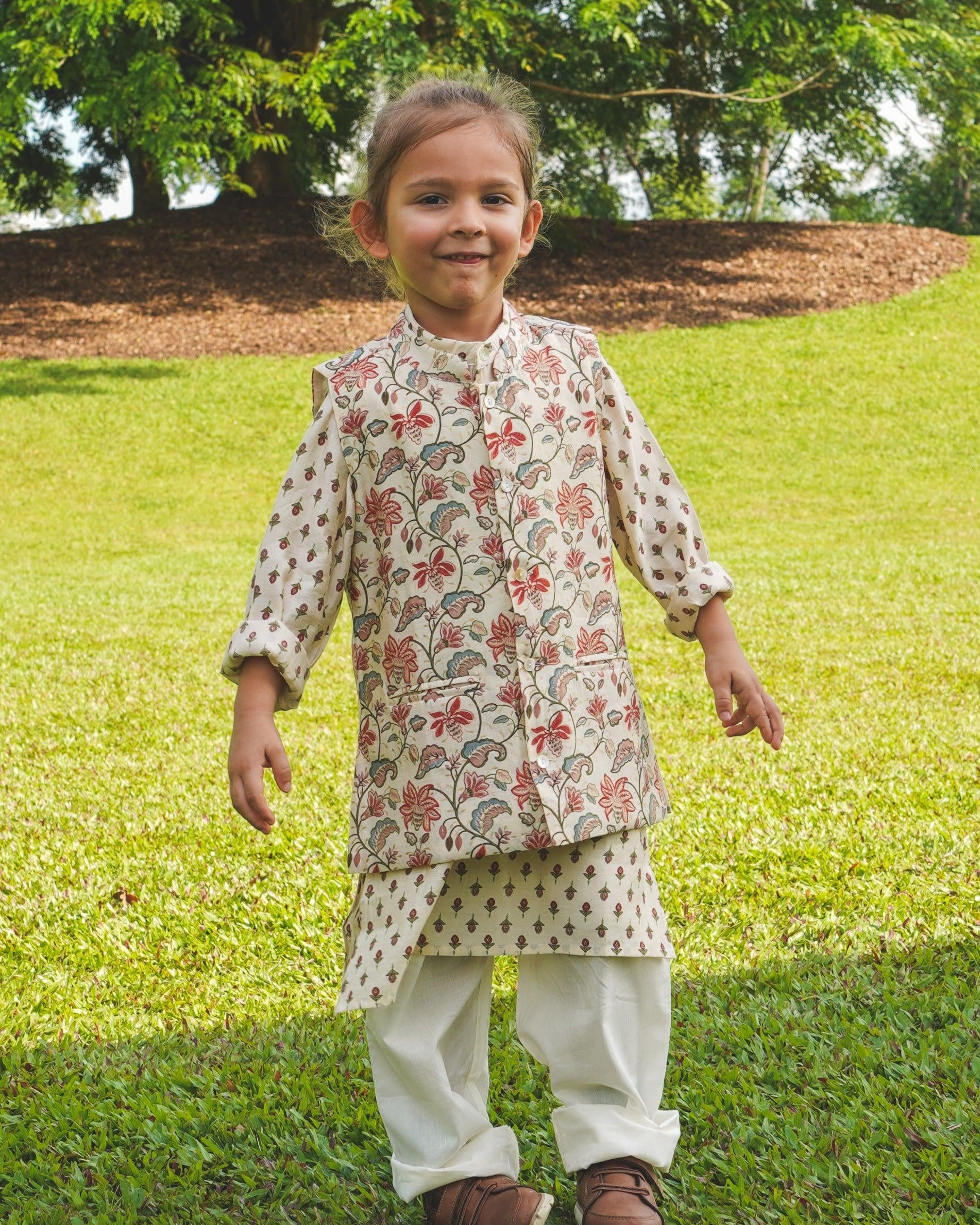 NIMBU | Nia Boys Kurta Pajama Jacket Set In Muslin Cotton