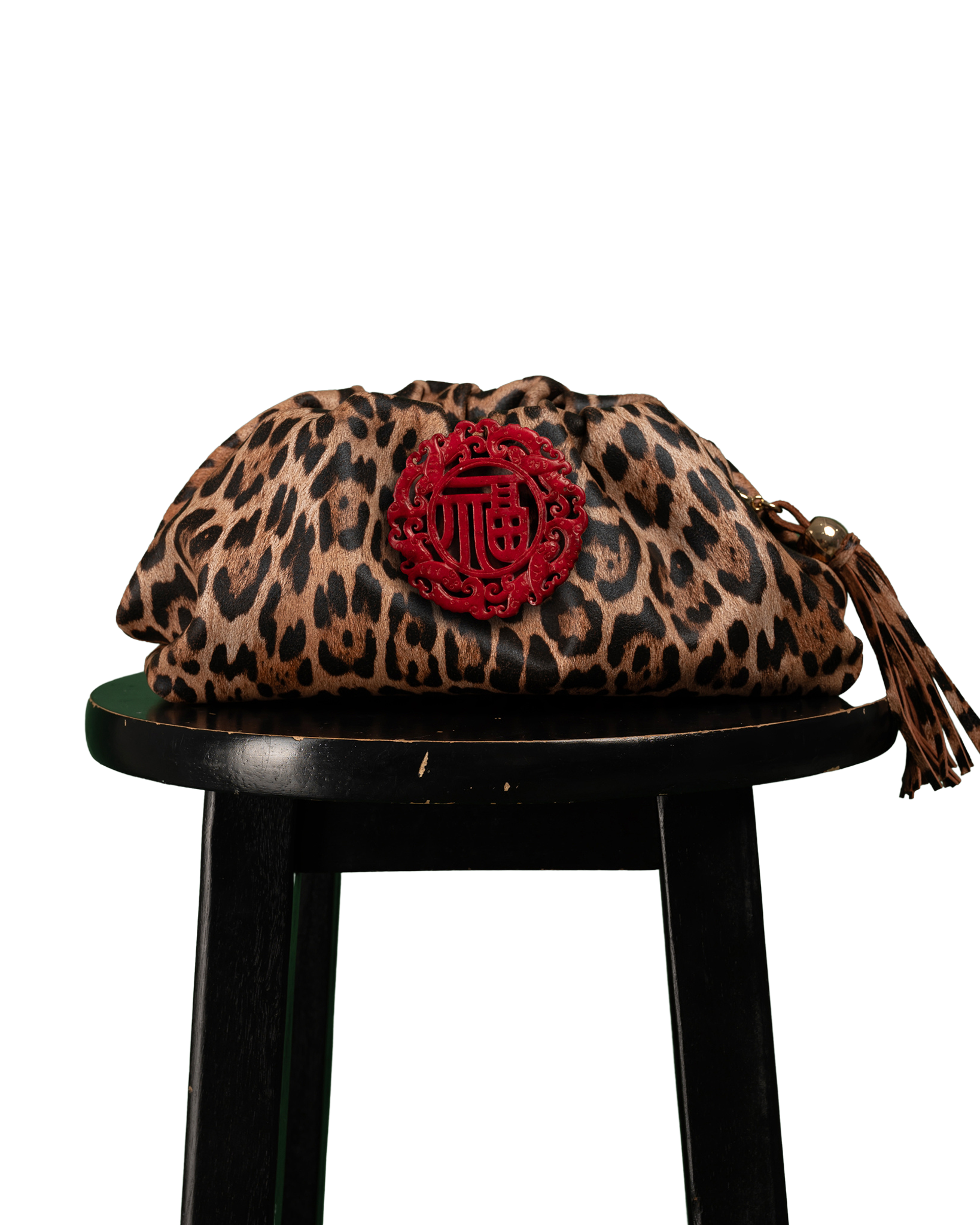 DESTI SAINT | Nzuri Patty Pouch | Leopard Print Leather w Red Jade Stone Ingot