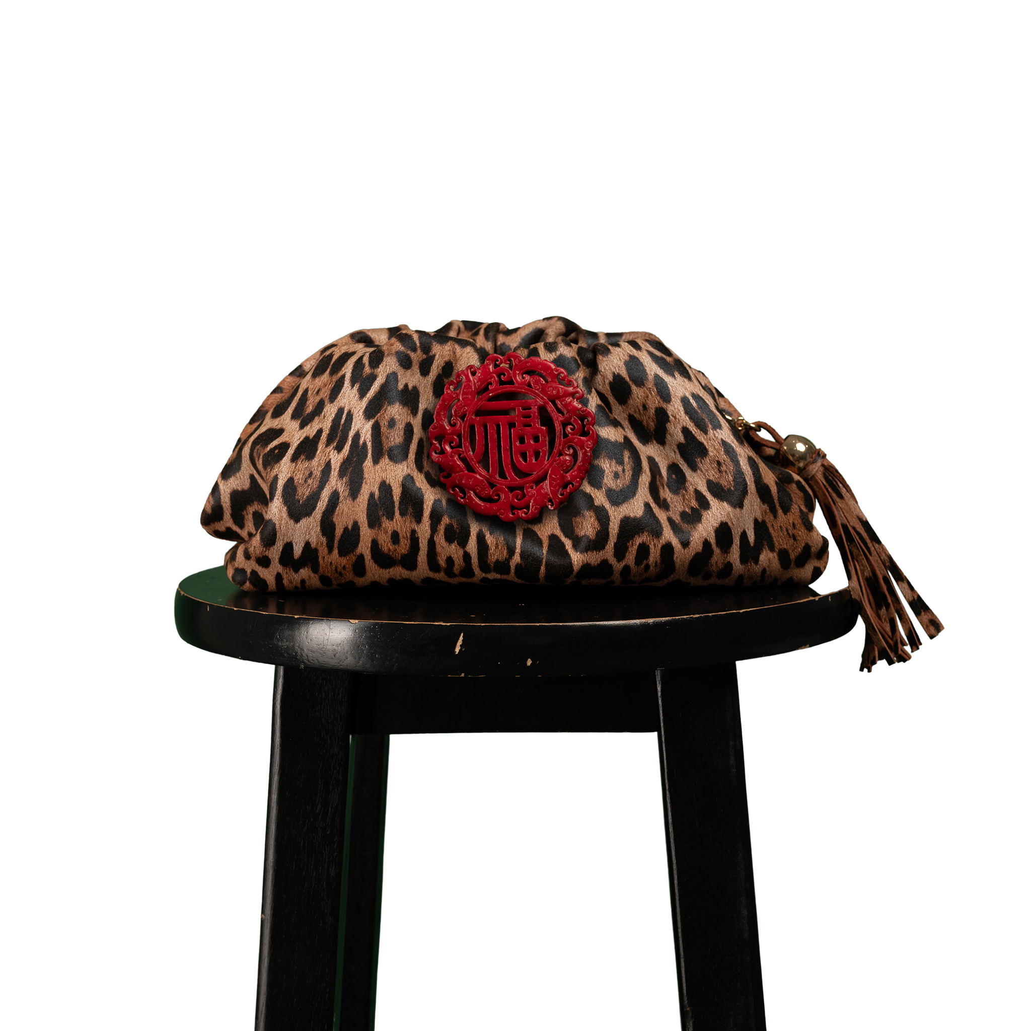 DESTI SAINT | Nzuri Patty Pouch | Leopard Print Leather w Red Jade Stone Ingot