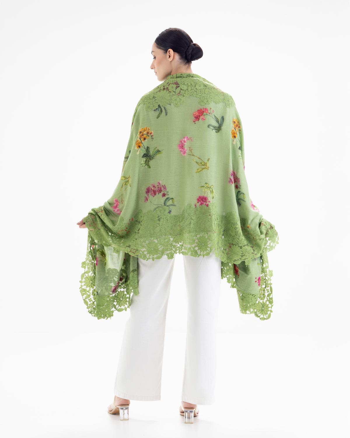 QUEENMARK | AN Assorted Lace Print Crystal Shawl Leaf Green