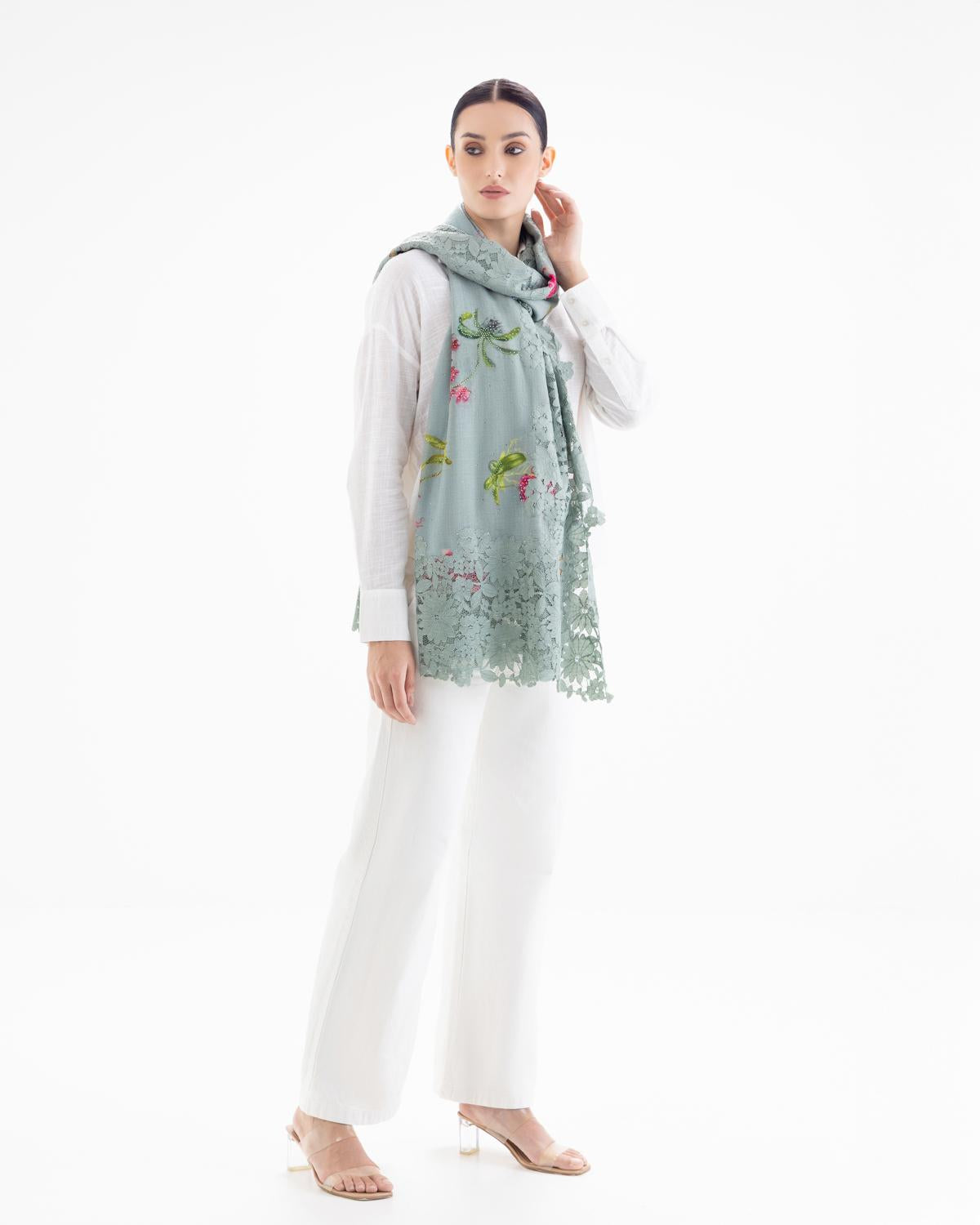 QUEENMARK | AN Assorted Lace Print Crystal Shawl Light Grey