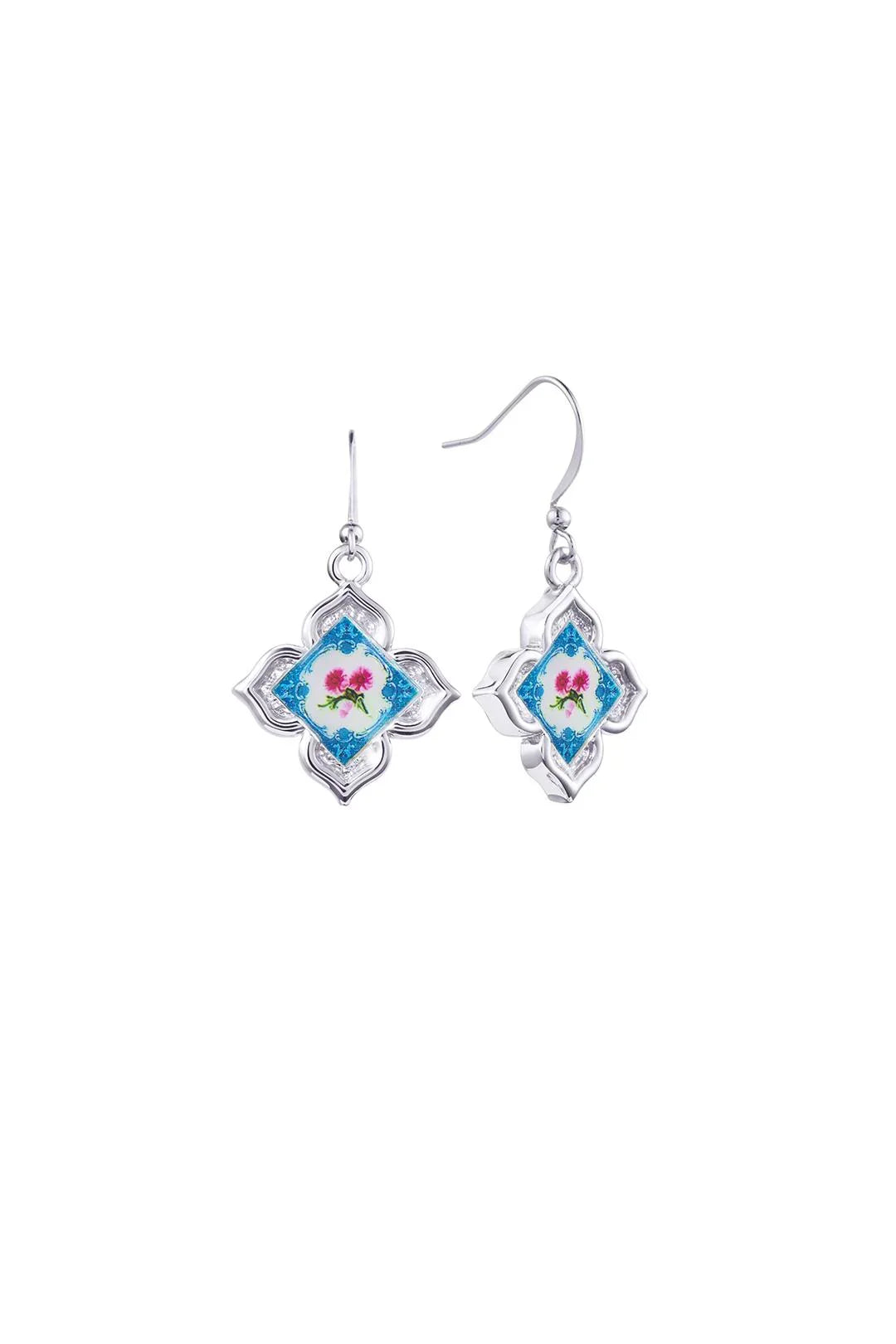 RARE BIRD COLLECTION | Peranakan Floral Hook Earrings - Silver Pixie Pomp