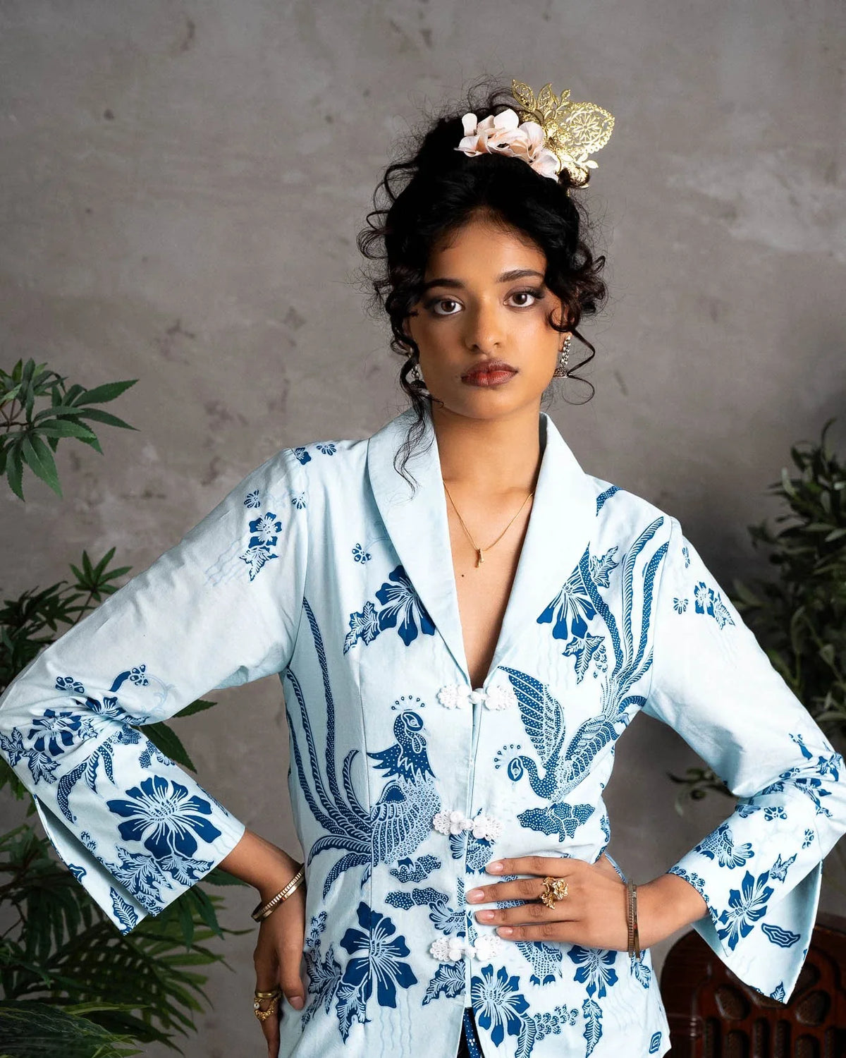 STUDIO GYPSIED | Batik Collared Blouse In Merak Porcelain