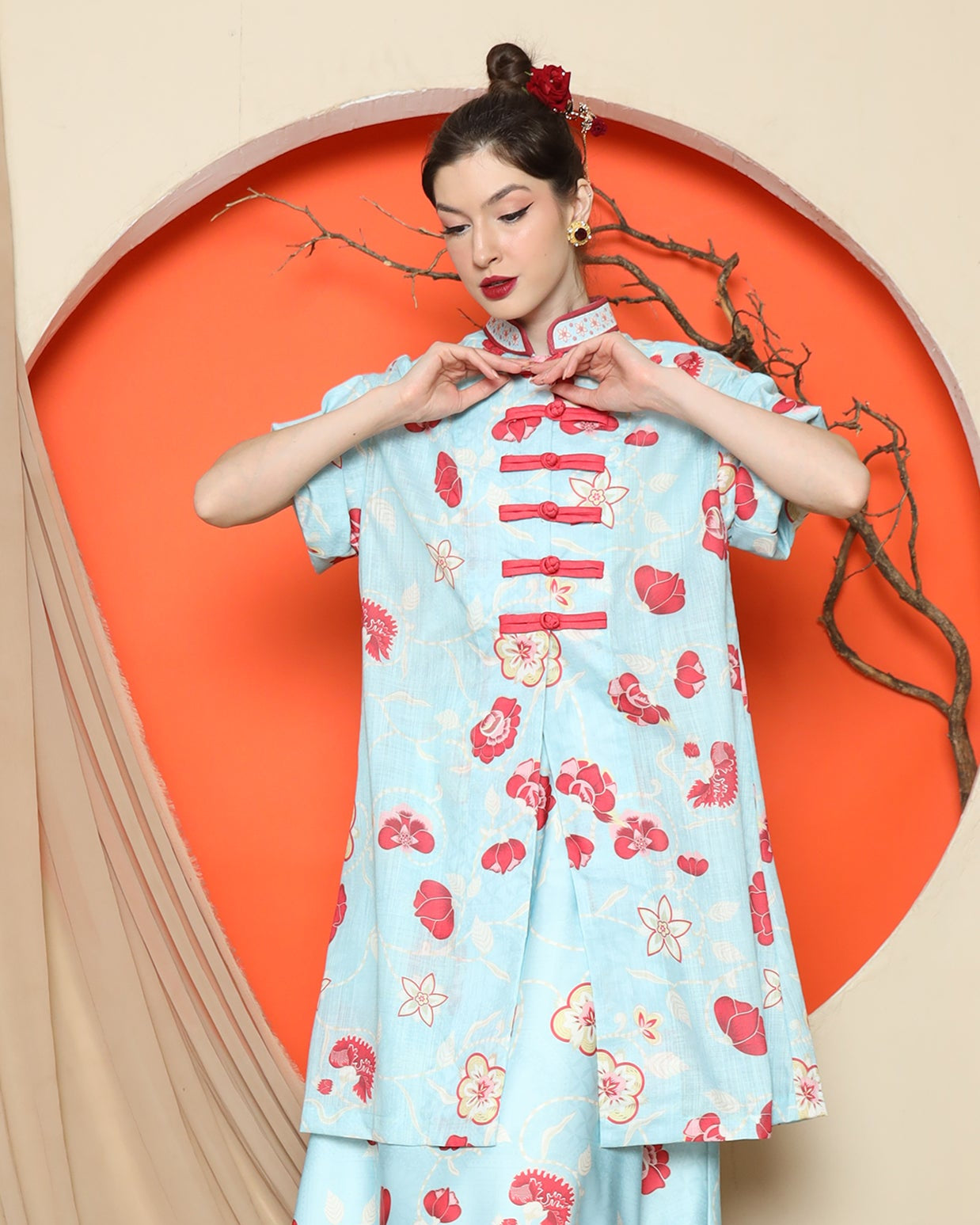 KANZI COLLECTION | Blue Floral Cheongsam Skirt Set