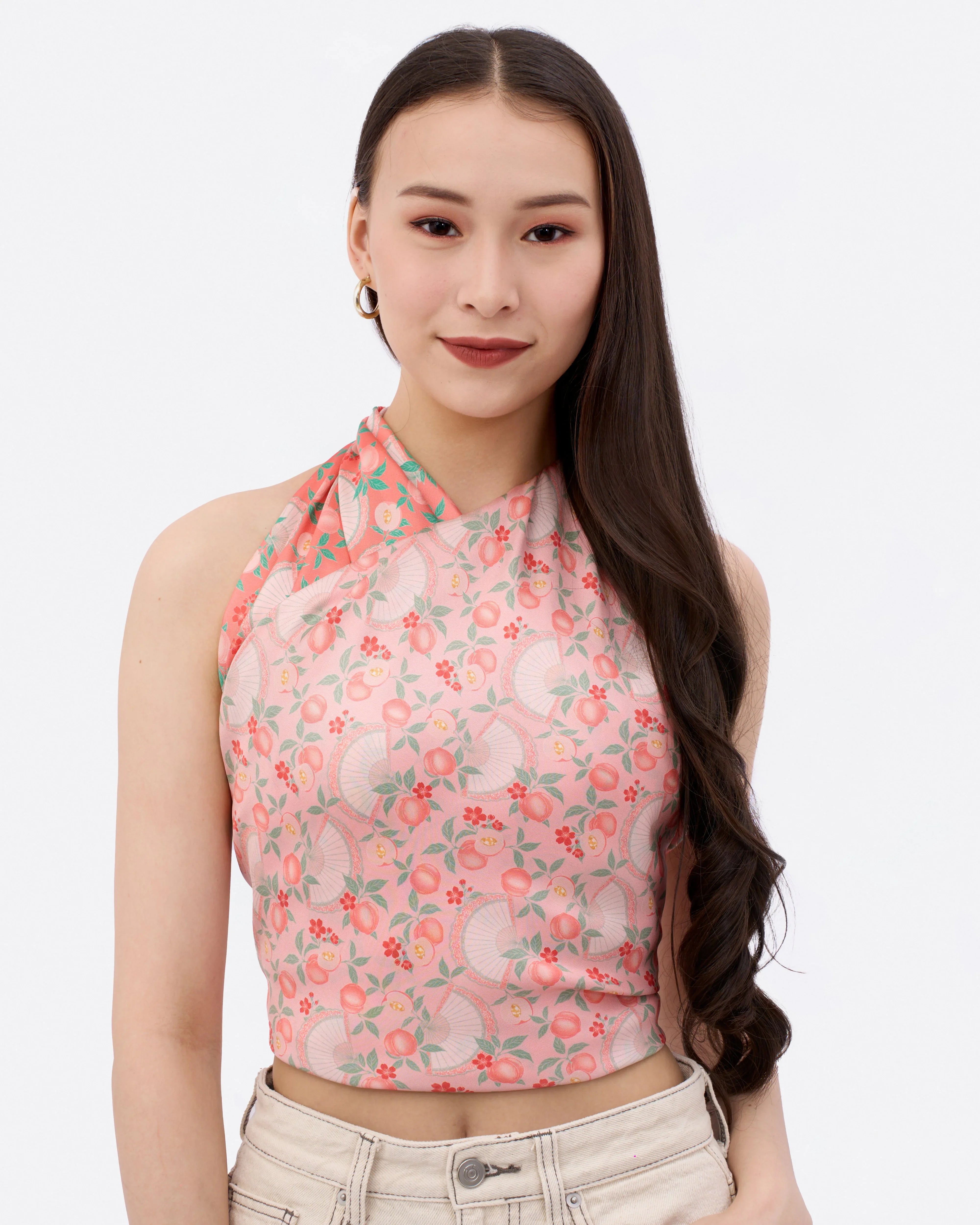 STUDIO QILING | Golden Peaches Pink Coral Double Side Silk Scarf 100