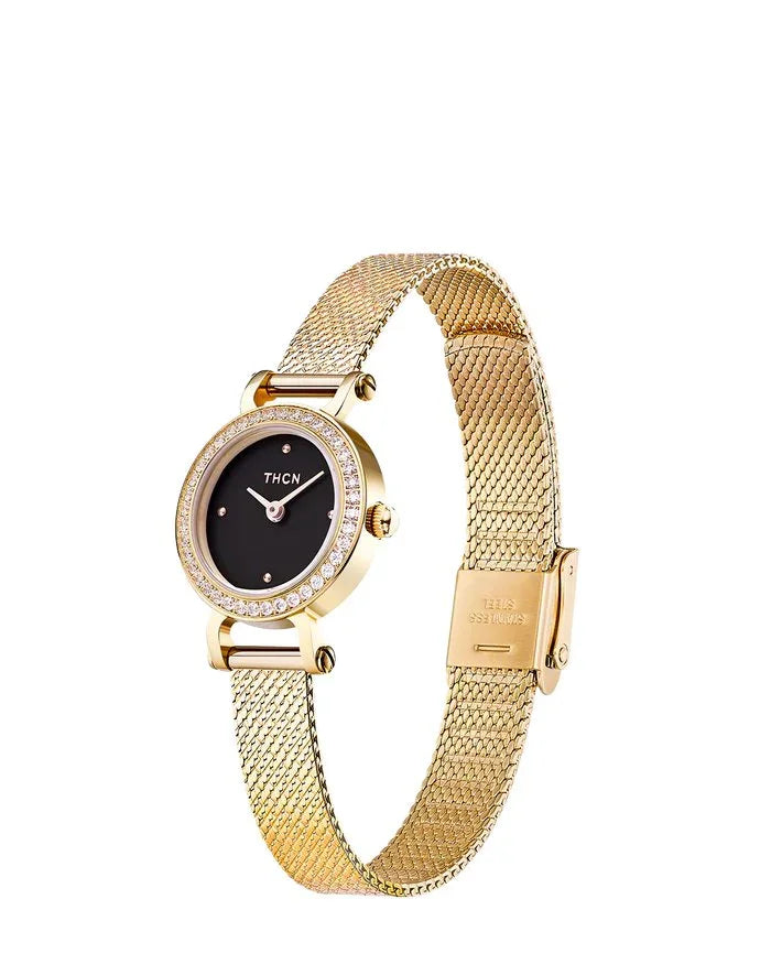BLACK BY BLUE BRAVE | THCN Cยท I Reflection Black Dial Gold Mesh Band Watch