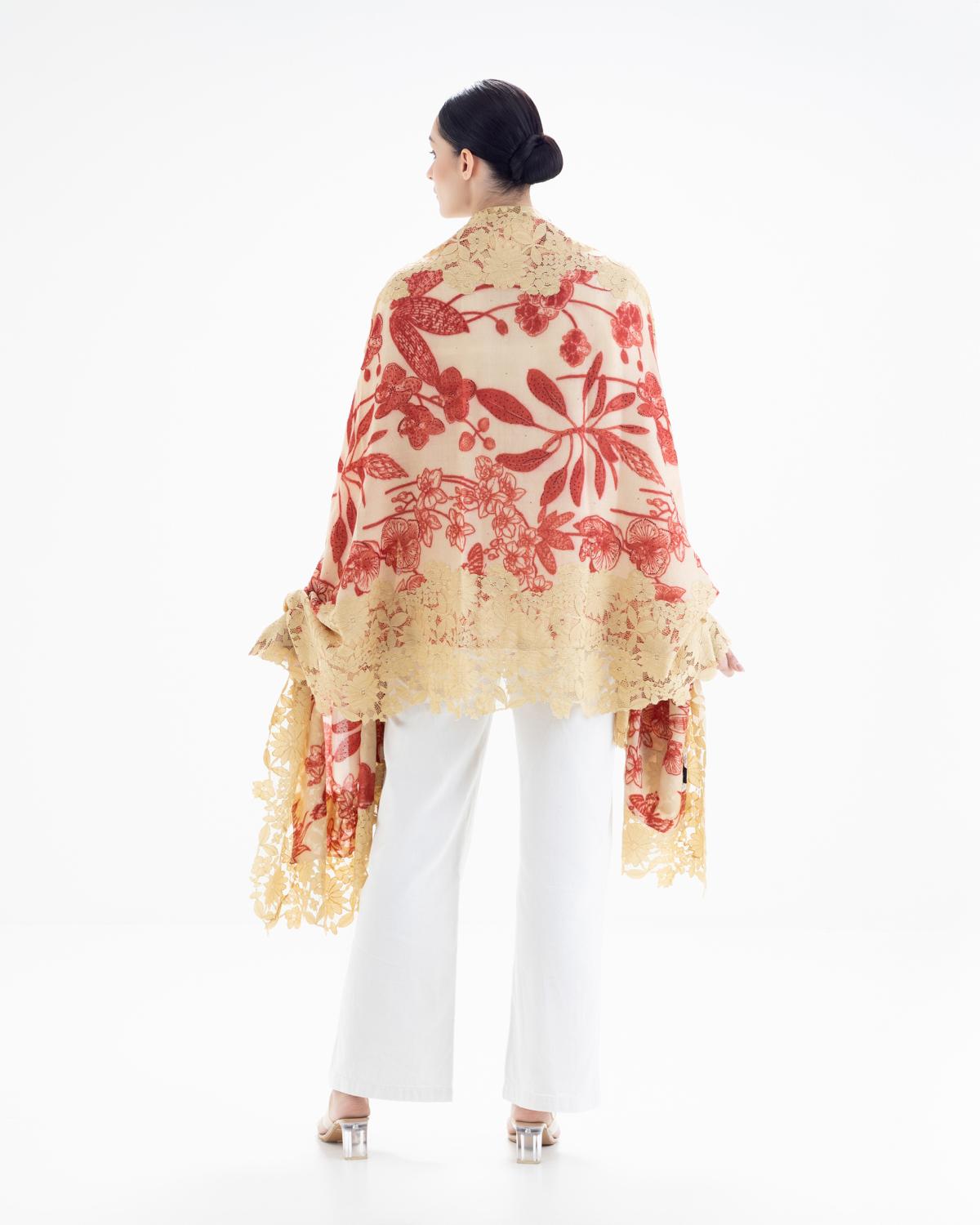 QUEENMARK | AN Assorted Lace Print Crystal Shawl Light Beige Red Flower