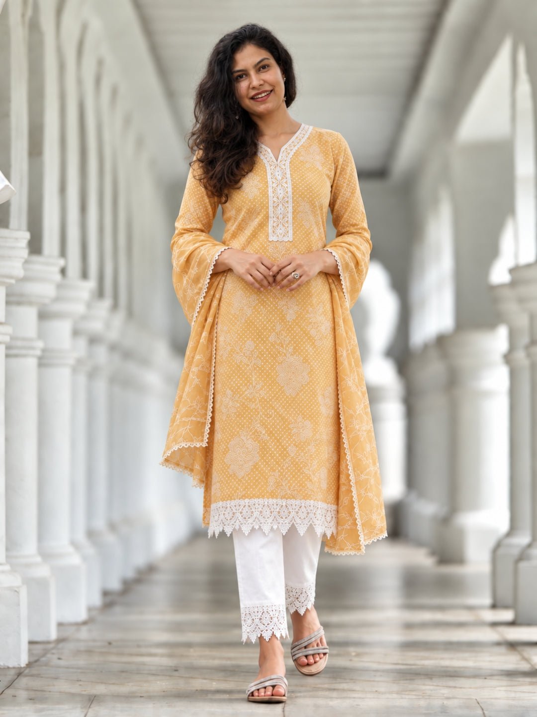 NIMBU | Anaya Yellow Embroidered Women Lace Kurti Pants With Dupatta