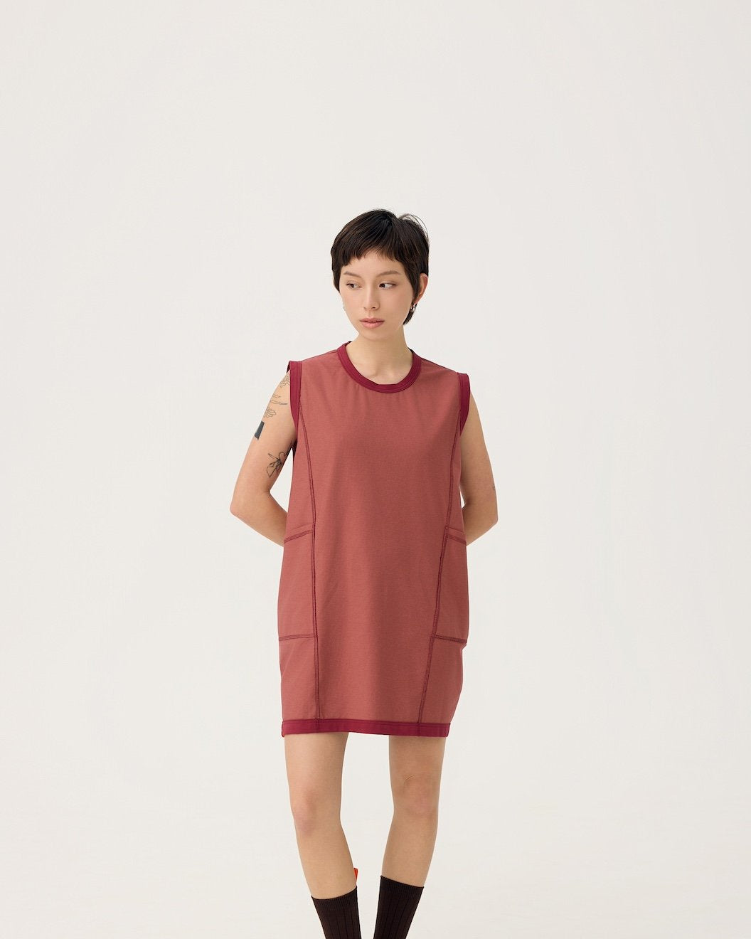 3EIGHTH | Cocoon Jersey Reversible Dress in Burgundy & Sappanwood