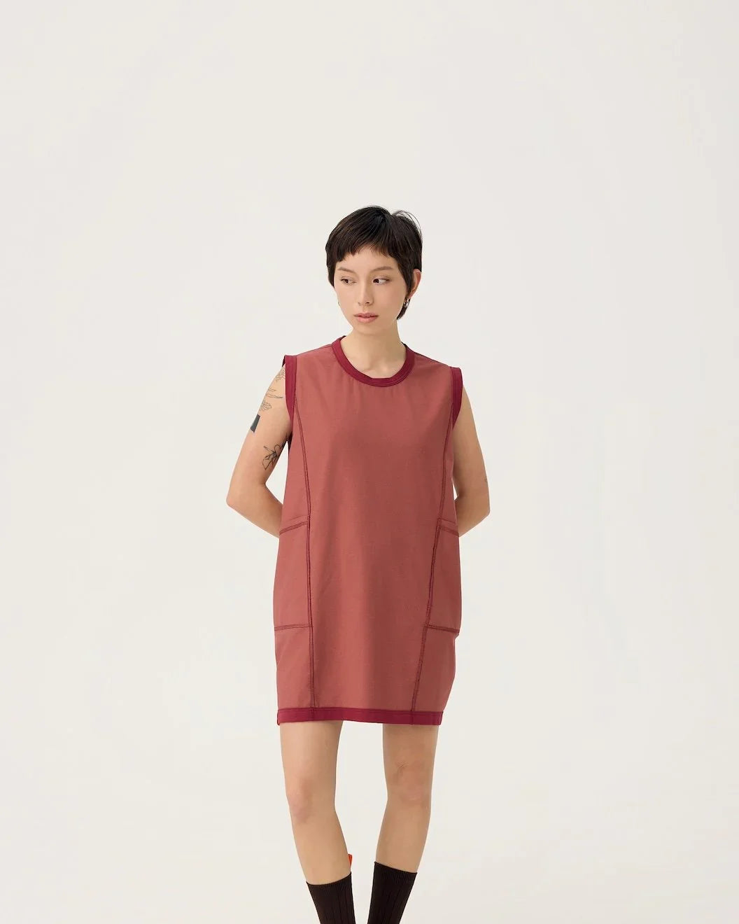3EIGHTH | Cocoon Jersey Reversible Dress in Burgundy & Sappanwood