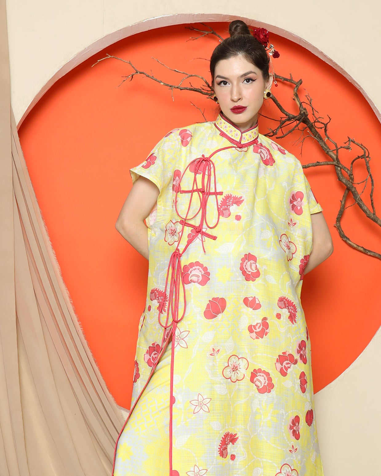 KANZI COLLECTION | Yellow Oriental Floral Cheongsam Pant Set