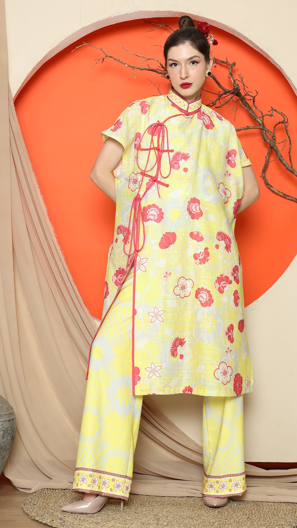 KANZI COLLECTION | Yellow Oriental Floral Cheongsam Pant Set