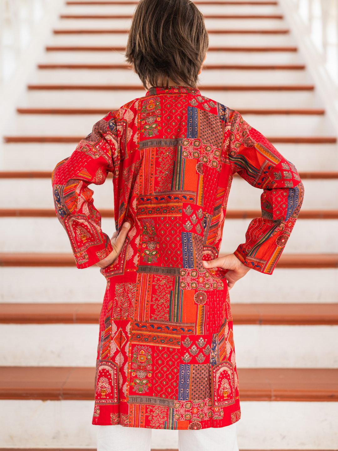 NIMBU | Amara Red Floral Boys Kurta Pajama in Muslin Cotton with Pockets