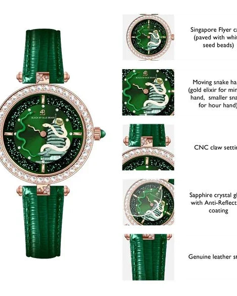 BLACK BY BLUE BRAVE | Snake Watch 34mm (Green Dial with Moving Snake Hands and Leather Strap)