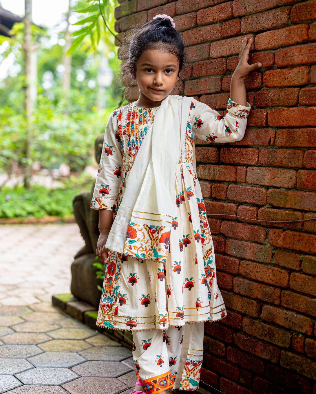 NIMBU | Rosa Girls Anarkali With Dupatta Set In Off White