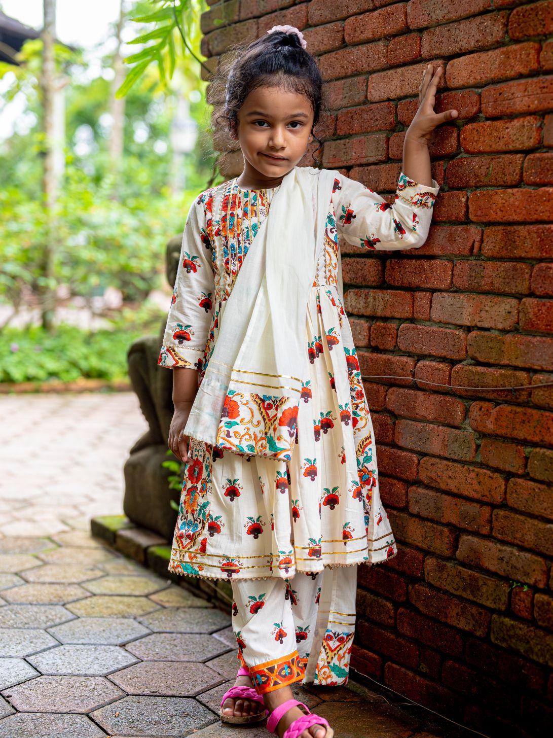 NIMBU | Rosa Girls Anarkali With Dupatta Set In Off White