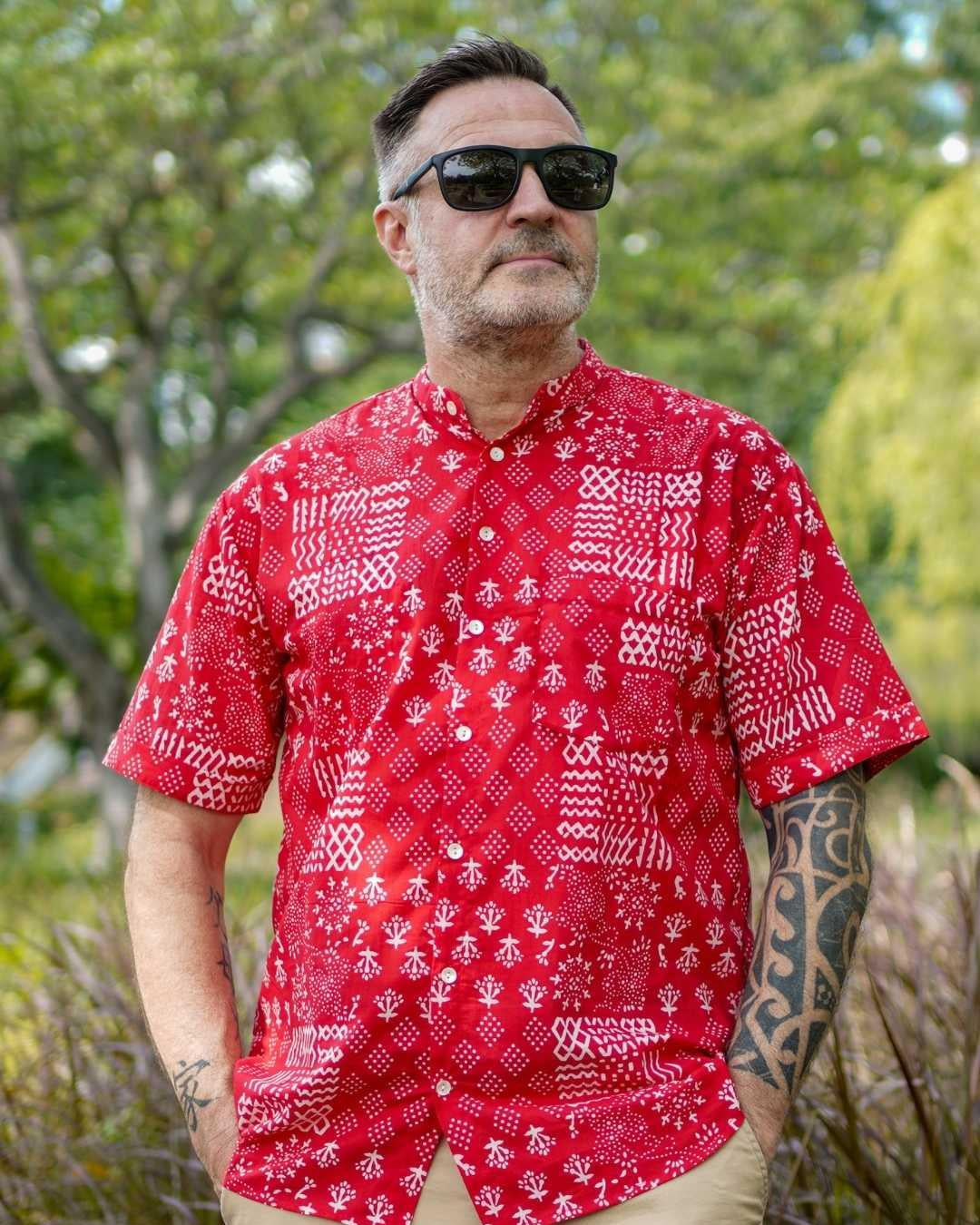 NIMBU | Ember Red Men Mandarin Cotton Shirt