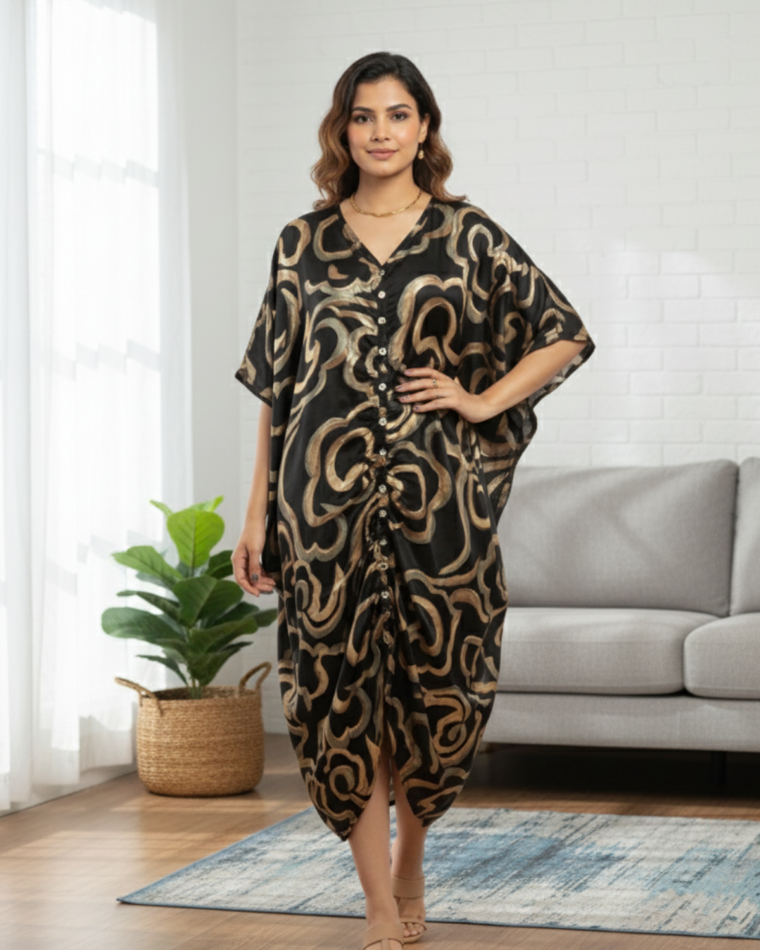 NIMBU | Mira Noir Black Women Ruched Kaftan In Cotton