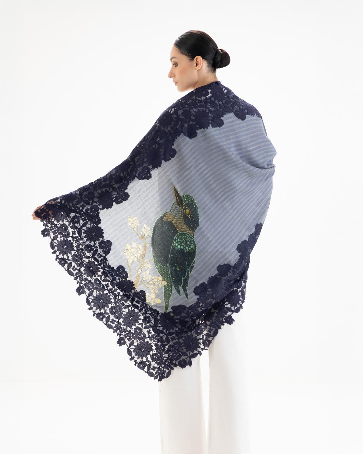 QUEENMARK | AN Assorted Lace Print Crystal Shawl Lighter Blue Blue Bird
