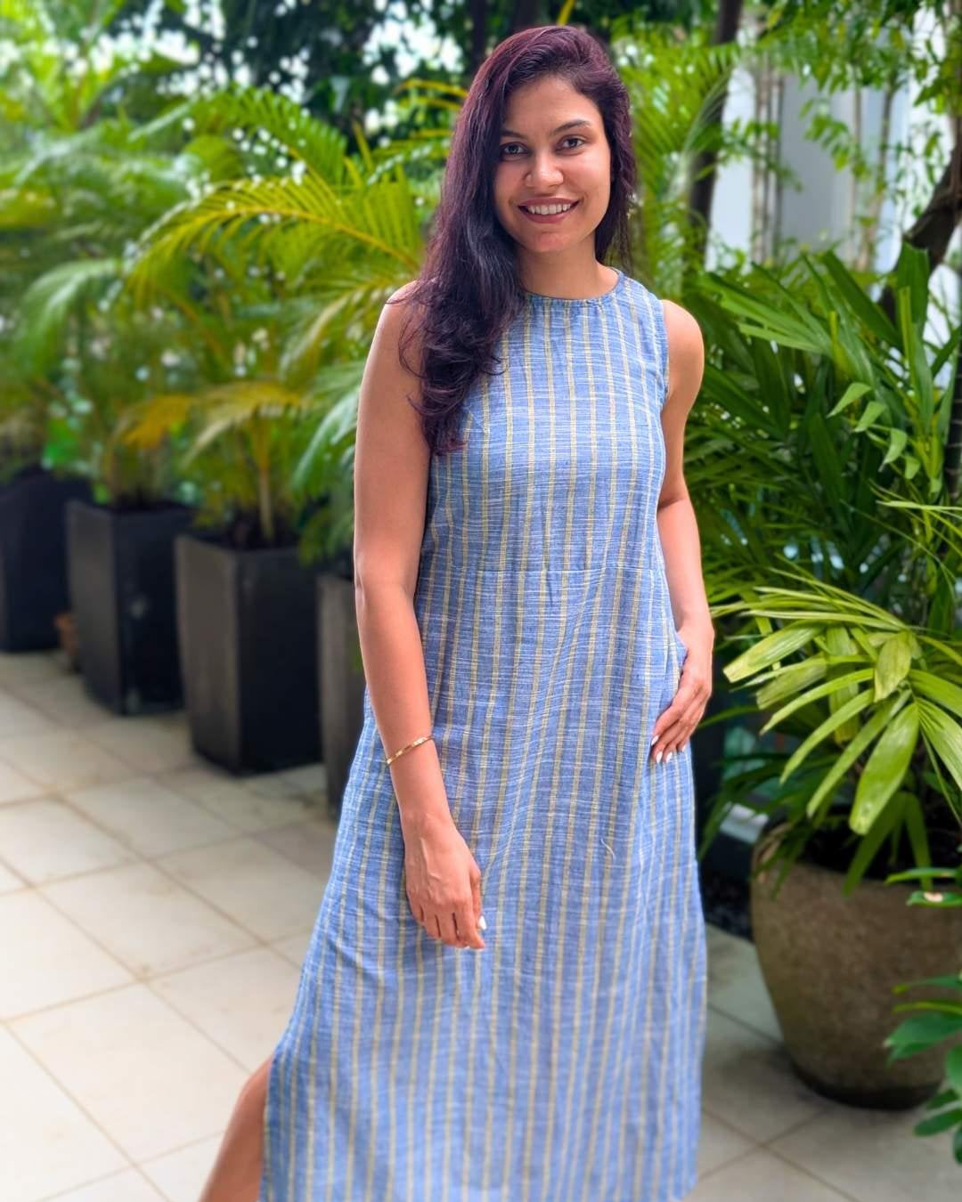 NIMBU | Luna Slit Women's Dress In Blue Yellow Stripes