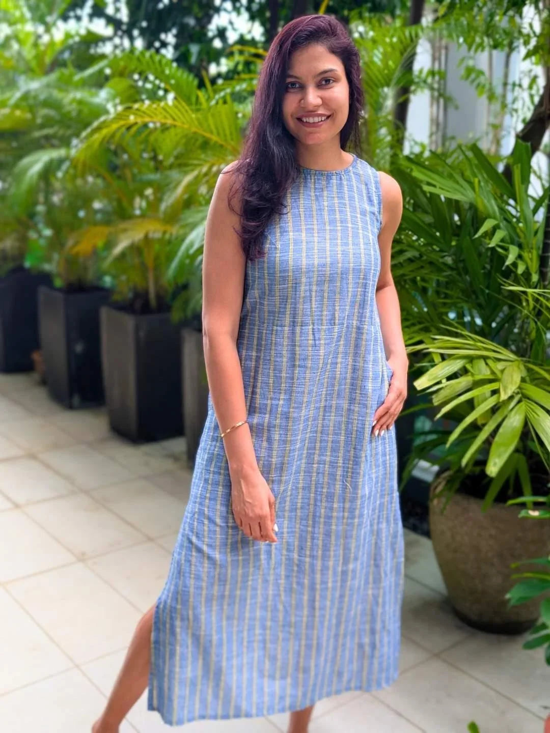 NIMBU | Luna Slit Women's Dress In Blue Yellow Stripes