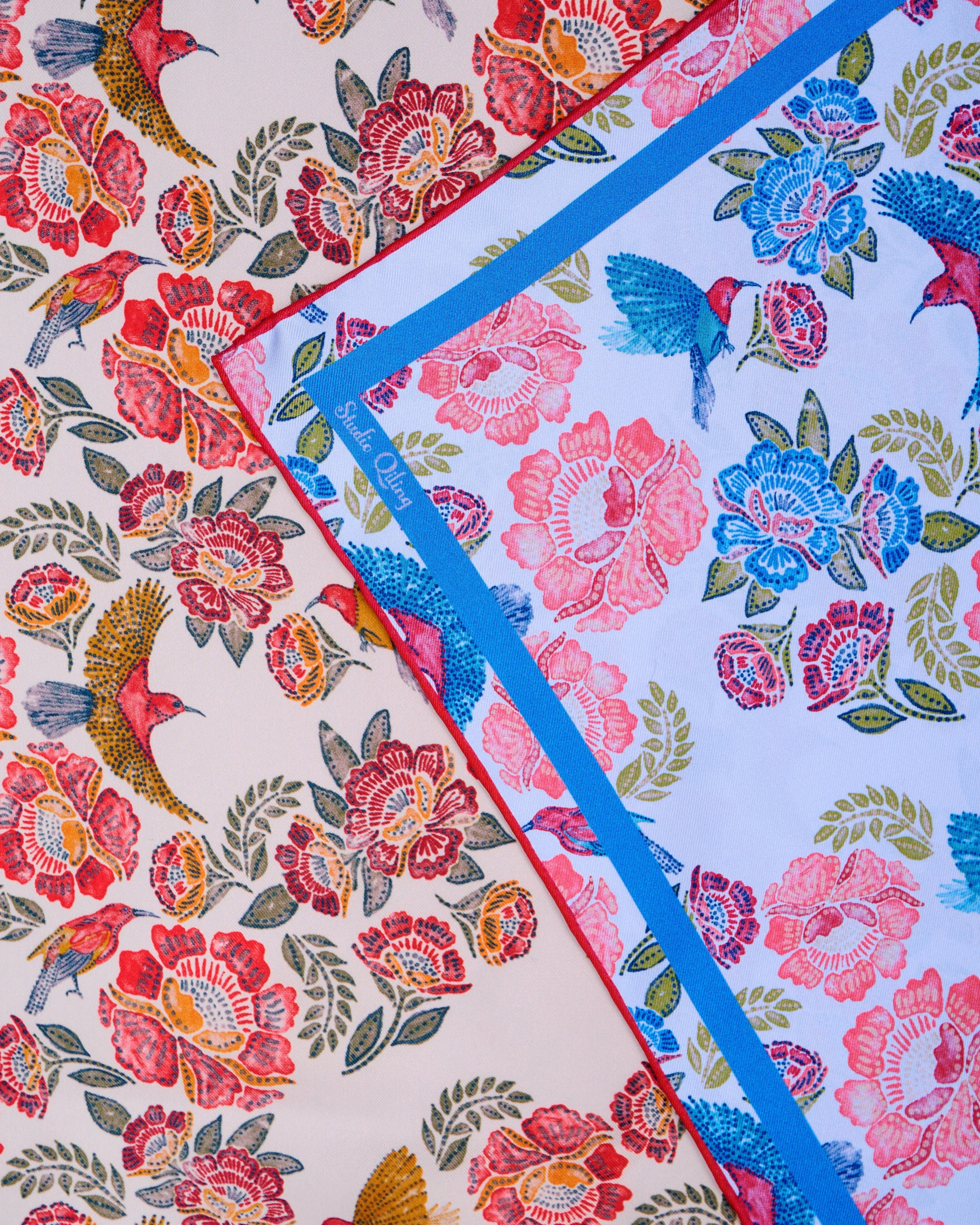 STUDIO QILING | Crimson Sunbird Scarlet Sky Double Side Silk Scarf 65