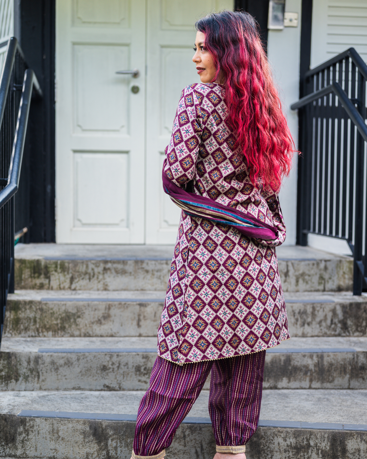 NIMBU | Tara Purple Women's Choga Style Kurti & Salwar Set in Muslin Cotton with Matching Dupatta