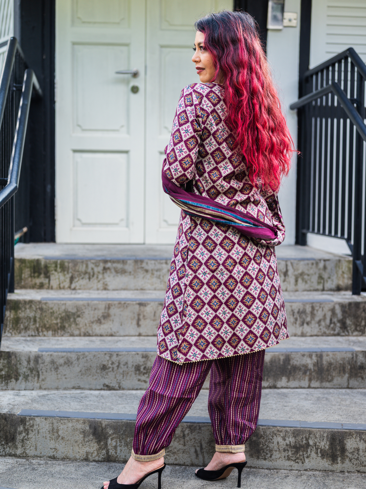 NIMBU | Tara Purple Women's Choga Style Kurti & Salwar Set in Muslin Cotton with Matching Dupatta