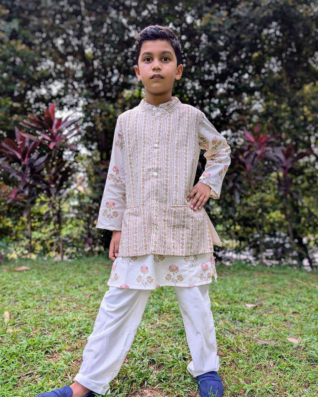 NIMBU | Pink Bloom Kurta Pajama Jacket Set