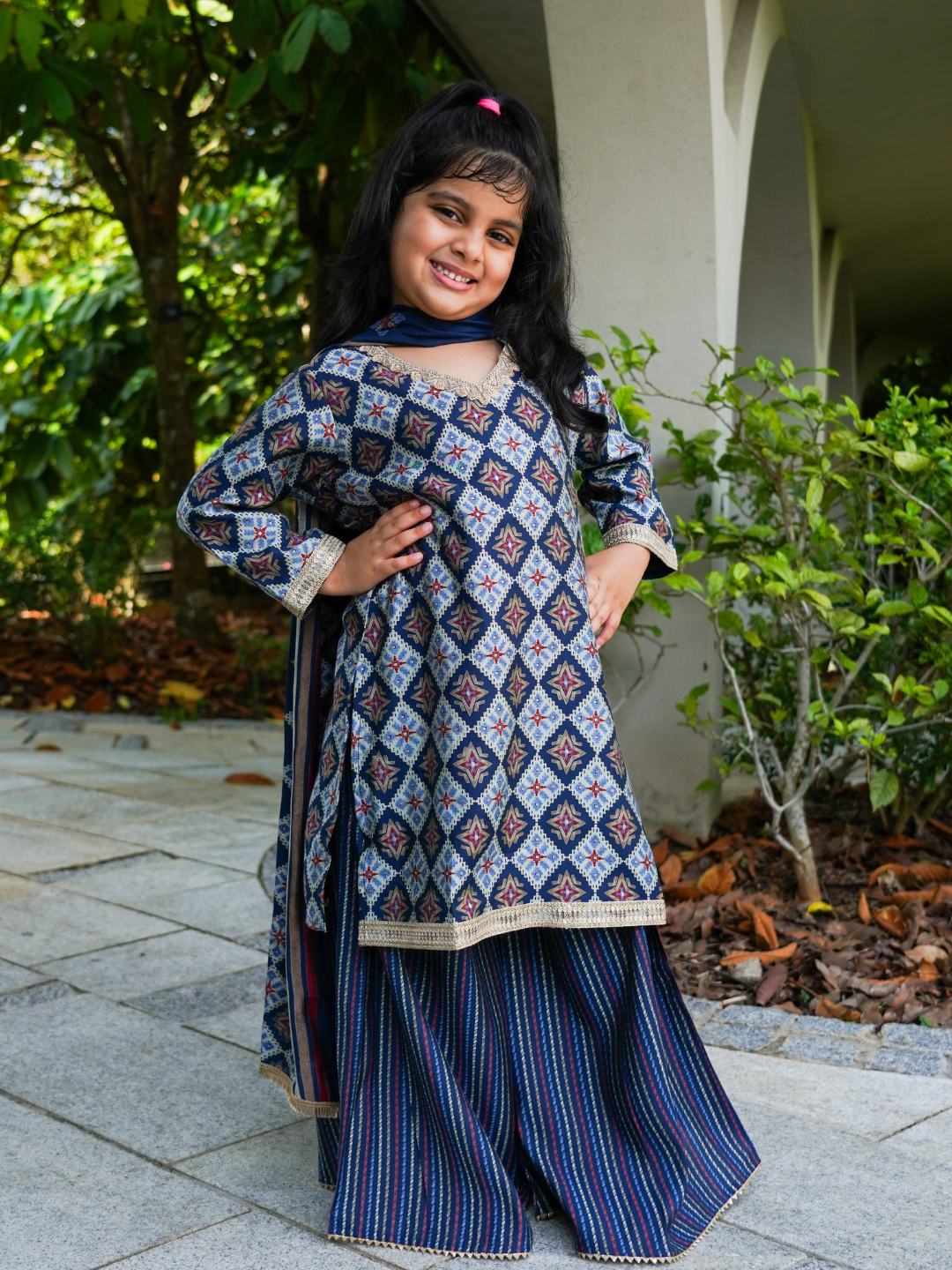 NIMBU | Tara Blue Girls Choga Style Kurta & Palazzo Set in Muslin Cotton