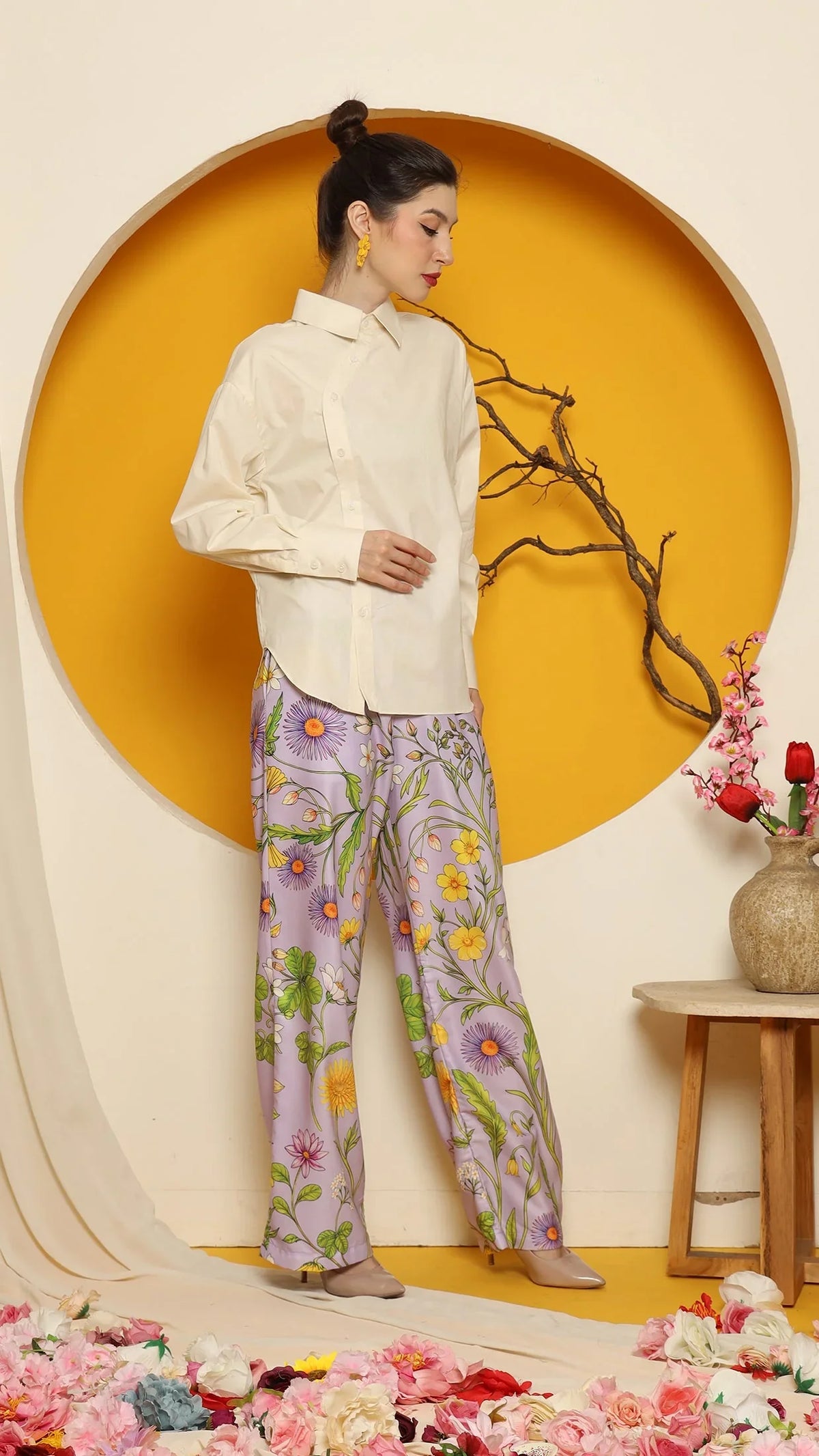 KANZI COLLECTION | Cheongsam Button Shirt With Purple Flower Pants Set